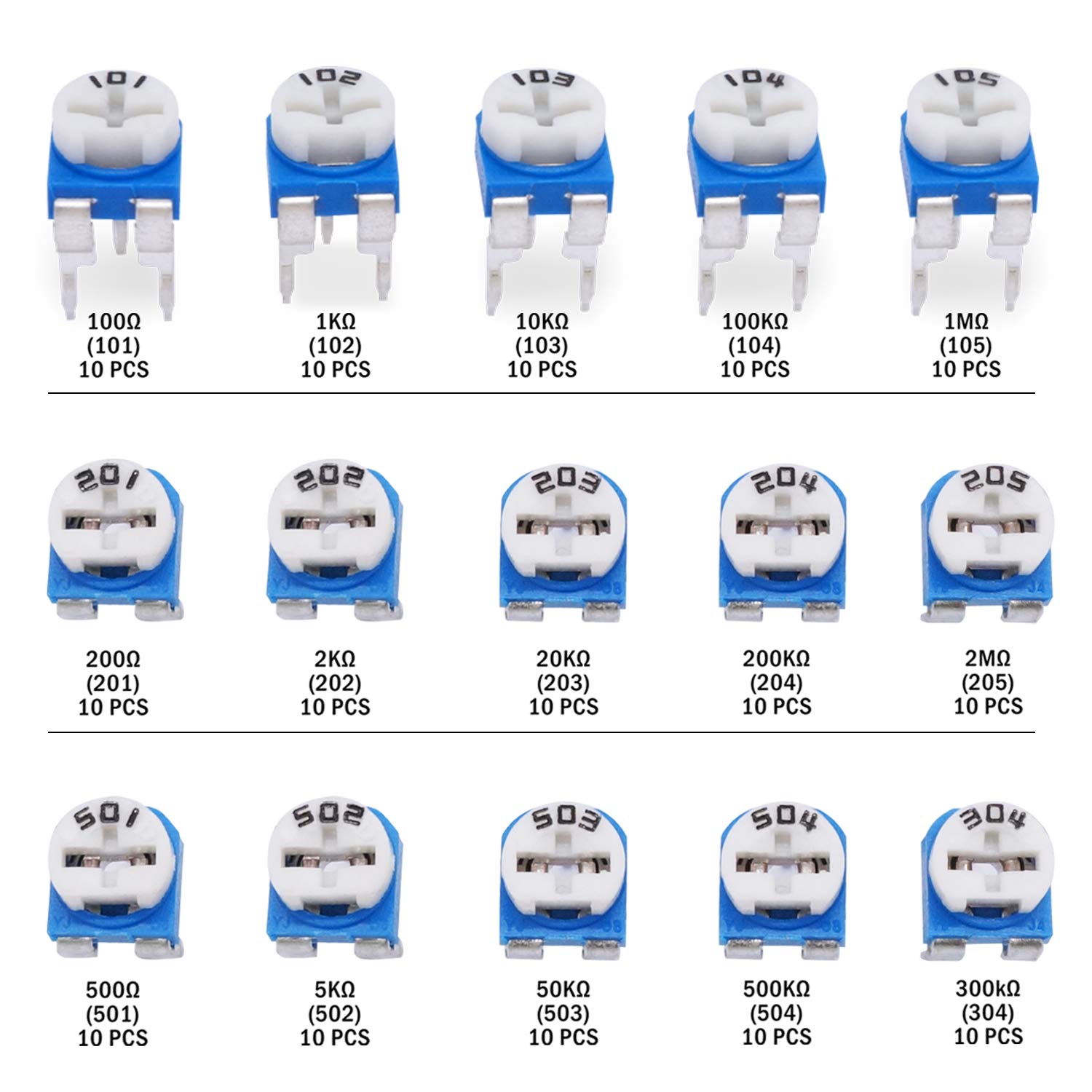 TWTADE 150Pcs 6mm Variable Resistor Potentiometer Assortment Kit 15 Values 100 ohm-2M ohm in Plastic Box DWJ-150P: Industrial & Scientific