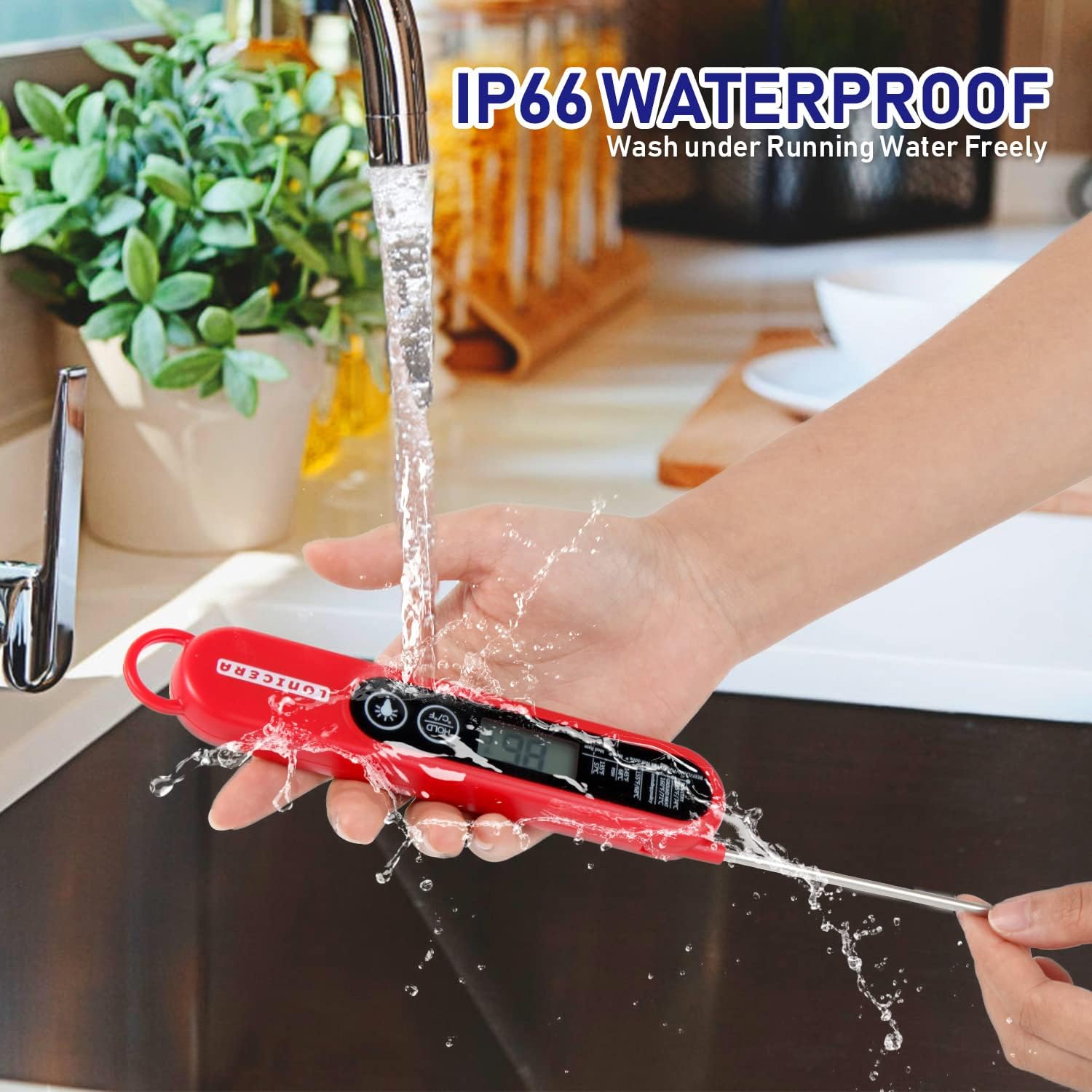 review Lonicera Digital Food Thermometer for Cooking Internal Temperature, Instant Read with Backlit and Magnet, Waterproof Foldable Probe for Meat, BBQ, Candy, Water and Liquid (Red)