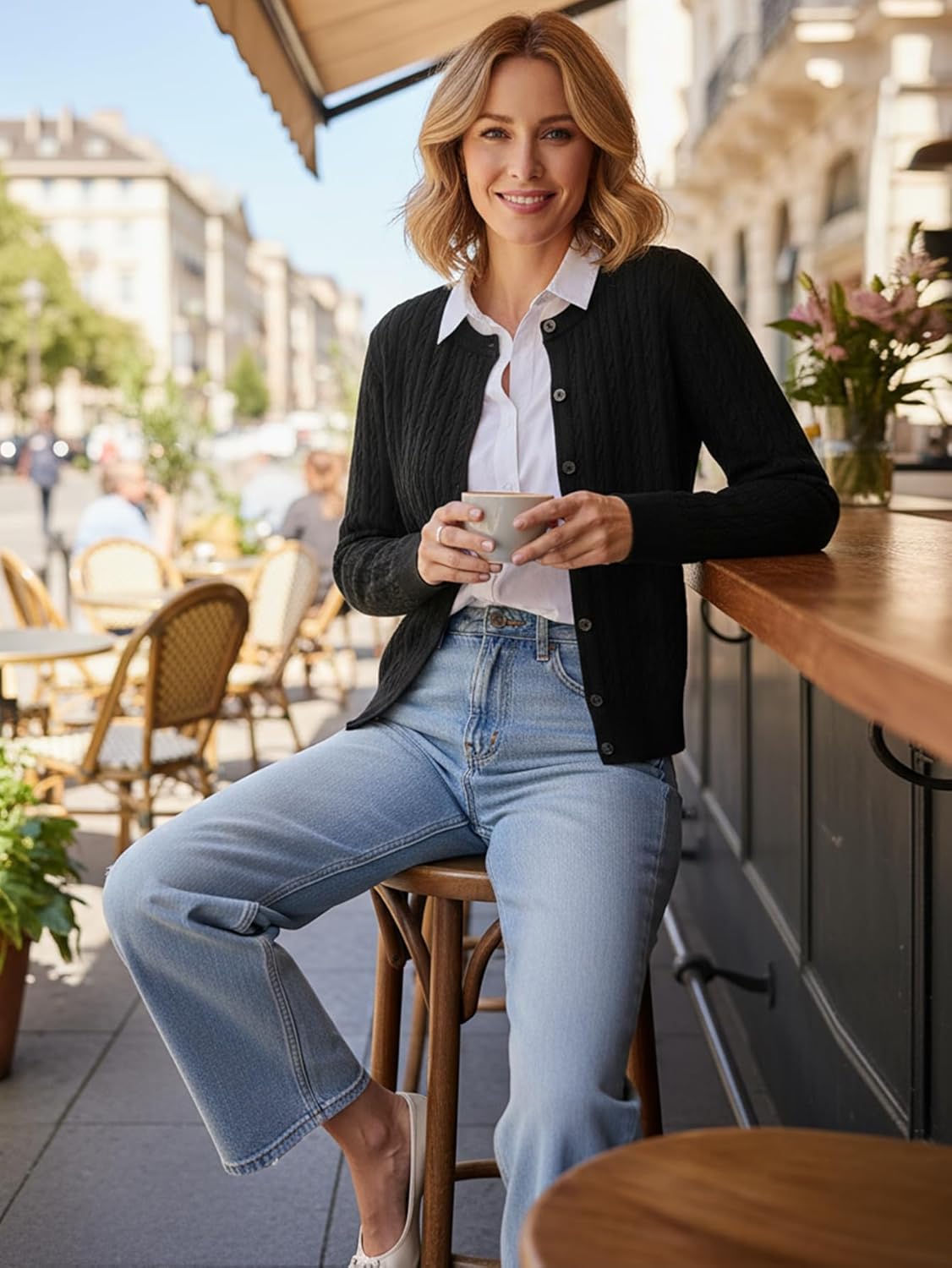 Cardigan Sweaters for Women Chunky Cable Knit Button Down Crewneck Long Sleeve Soft Fall Winter Top - Image 2