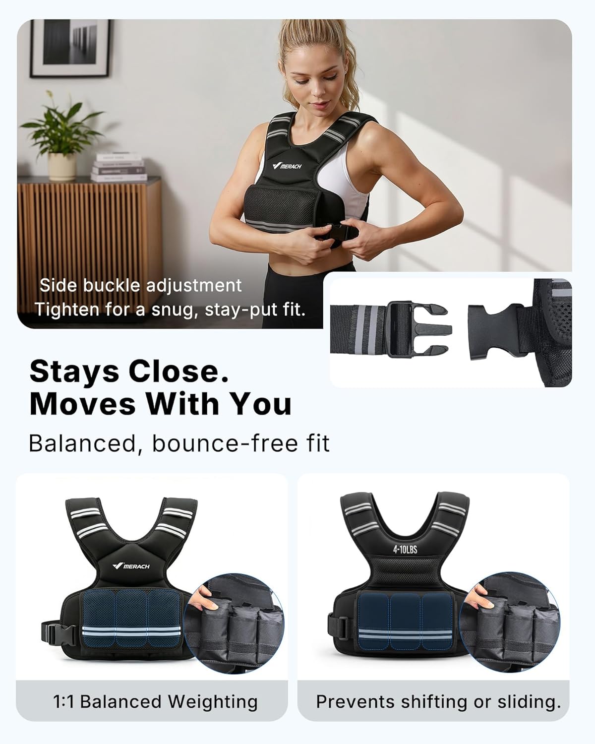 MERACH Adjustable Weighted Vest for Women, 4-10lbs Weight Vest with Front Phone Pockets & Iron Sand Bags, Rucking Vest with Reflective Strip for Strength Training, Walking, Running, Cardio, Home Workout