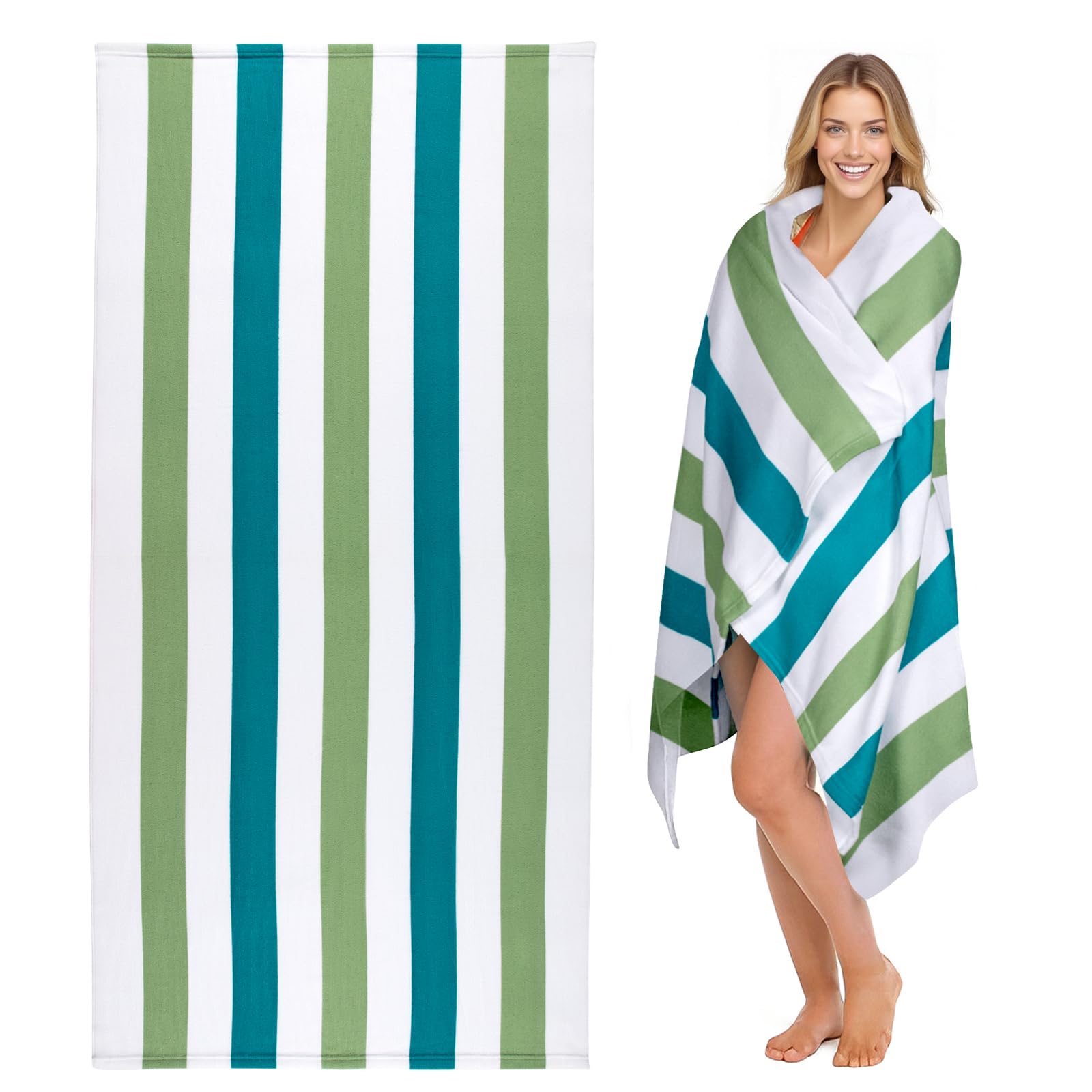 Ouxiaobai Large Oversized Beach Towel - Microfiber Sand Free 35 x 70 Inch Quick Dry Lightweight Pool Towel for Adults, Thin Striped Swim Towel (Green)