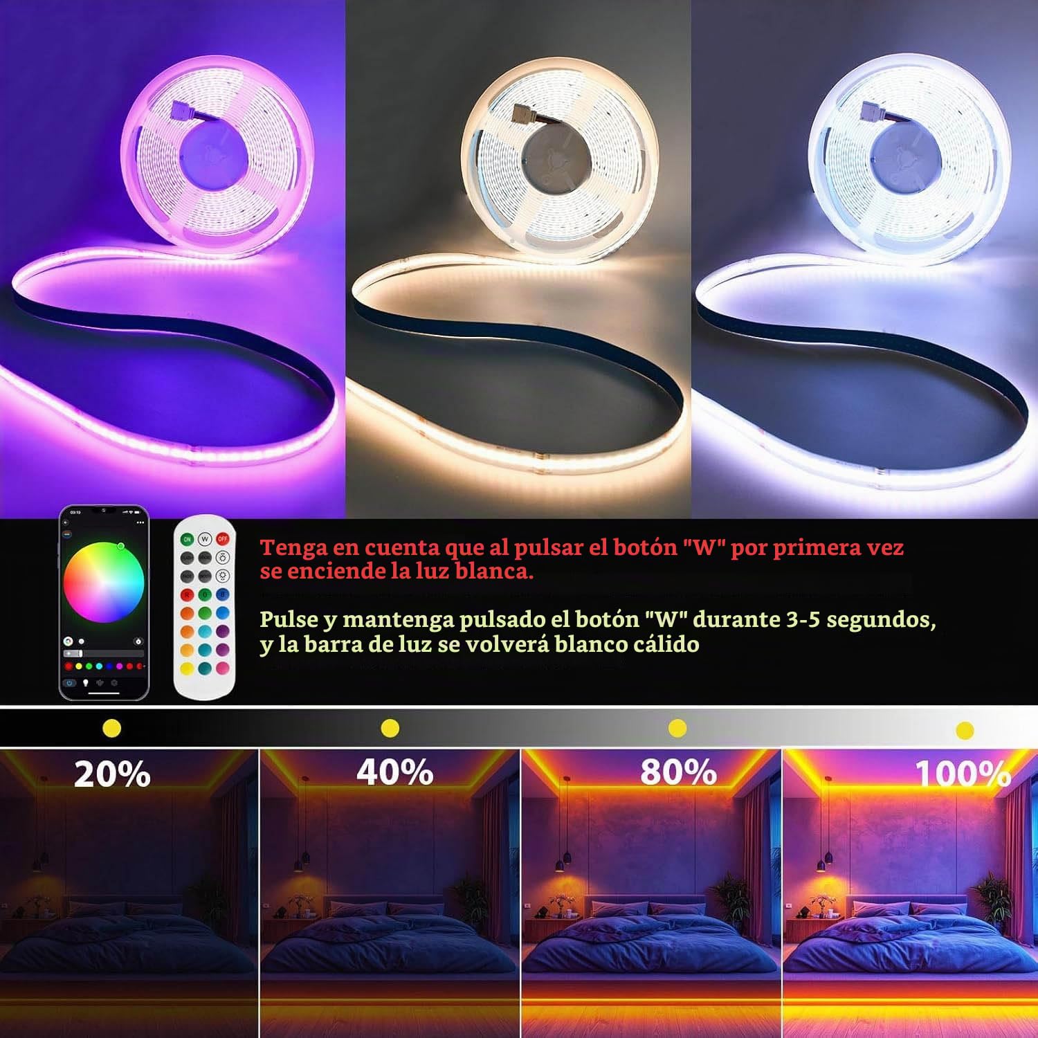 Luces Led Habitacion 10M,WiFi Tiras Led COB RGB+White 672led/M 6720leds 24V Luces Led Habitación,16Millones de Colores y Música Modos,Para Google Home Assistant/Alexaz