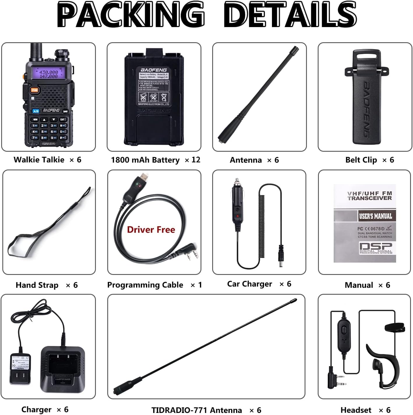 Top Rated BaoFeng Radio UV-5R Ham Radio (6 Pack) + 1pcs TIDRADIO Driver Free Programming Cable + 6pcs TD-771 Antennas and Radio Mics + 12pcs 1800mAh Batteries BaoFeng Walkie Talkie Greatest Product BaoFeng Radio UV-5R Ham Radio (6 Pack) + 1pcs TIDRADIO Driver Free Programming Cable + 6pcs TD-771 Antennas and Radio Mics + 12pcs 1800mAh Batteries BaoFeng Walkie Talkie