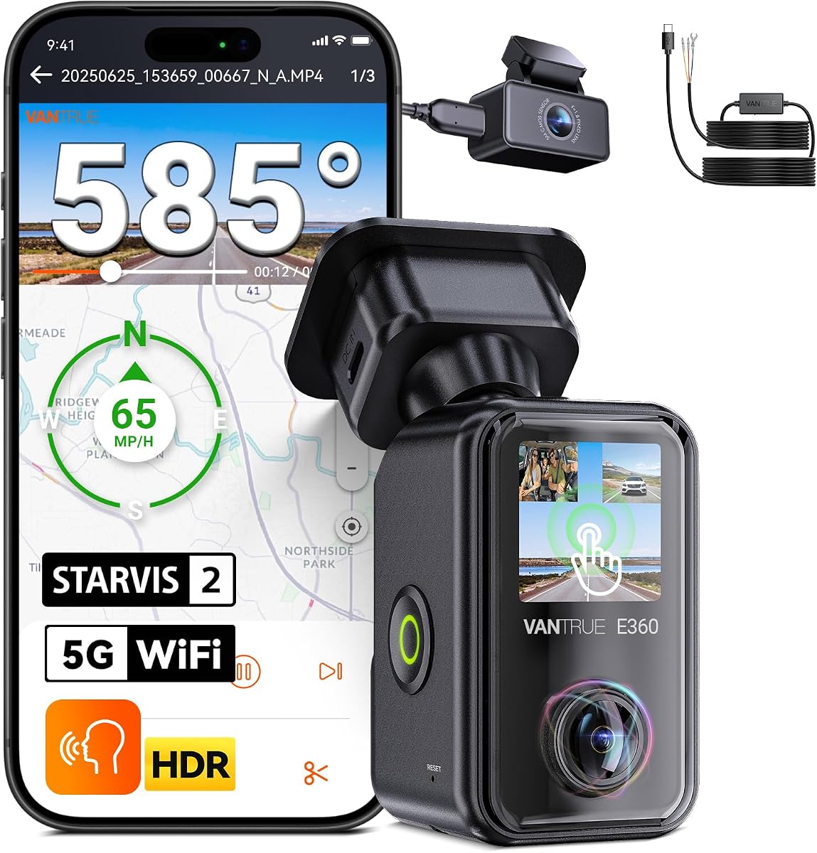 [Paquete de 2 artículos: Vantrue E360 Plus y kit de cableado] Cámara de tablero de todos los canales, STARVIS 2 dual, ojo de pez frontal + ojo de pez interior + cámara trasera de tablero de 360°, visión nocturna IR dual, modo de estacionamiento, soporte de 1 TB