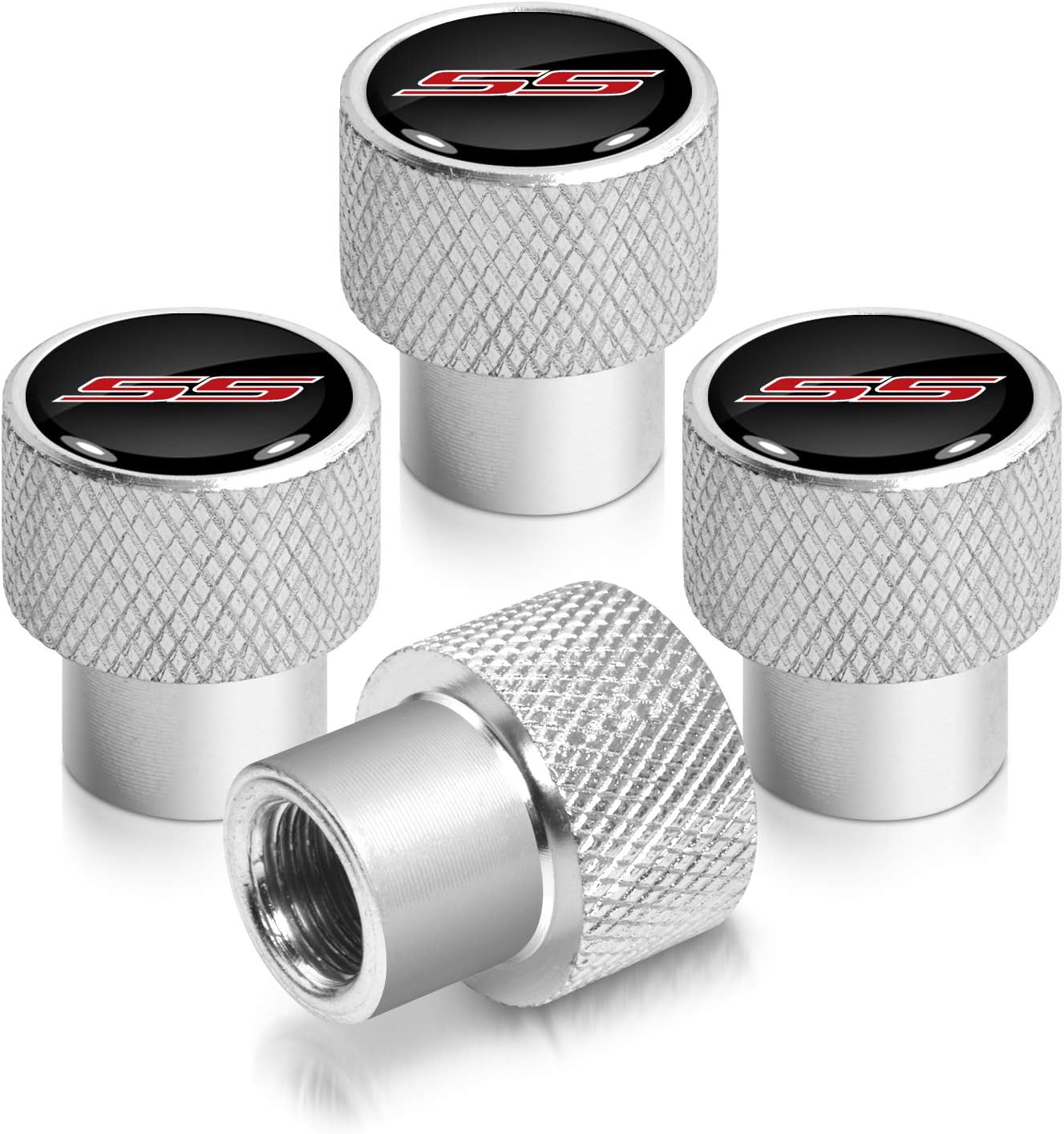 iPick Image for Chevrolet Camaro SS Logo Black on Shining Silver Easy-Grip Aluminum Tire Valve Stem Caps - Official Licensed