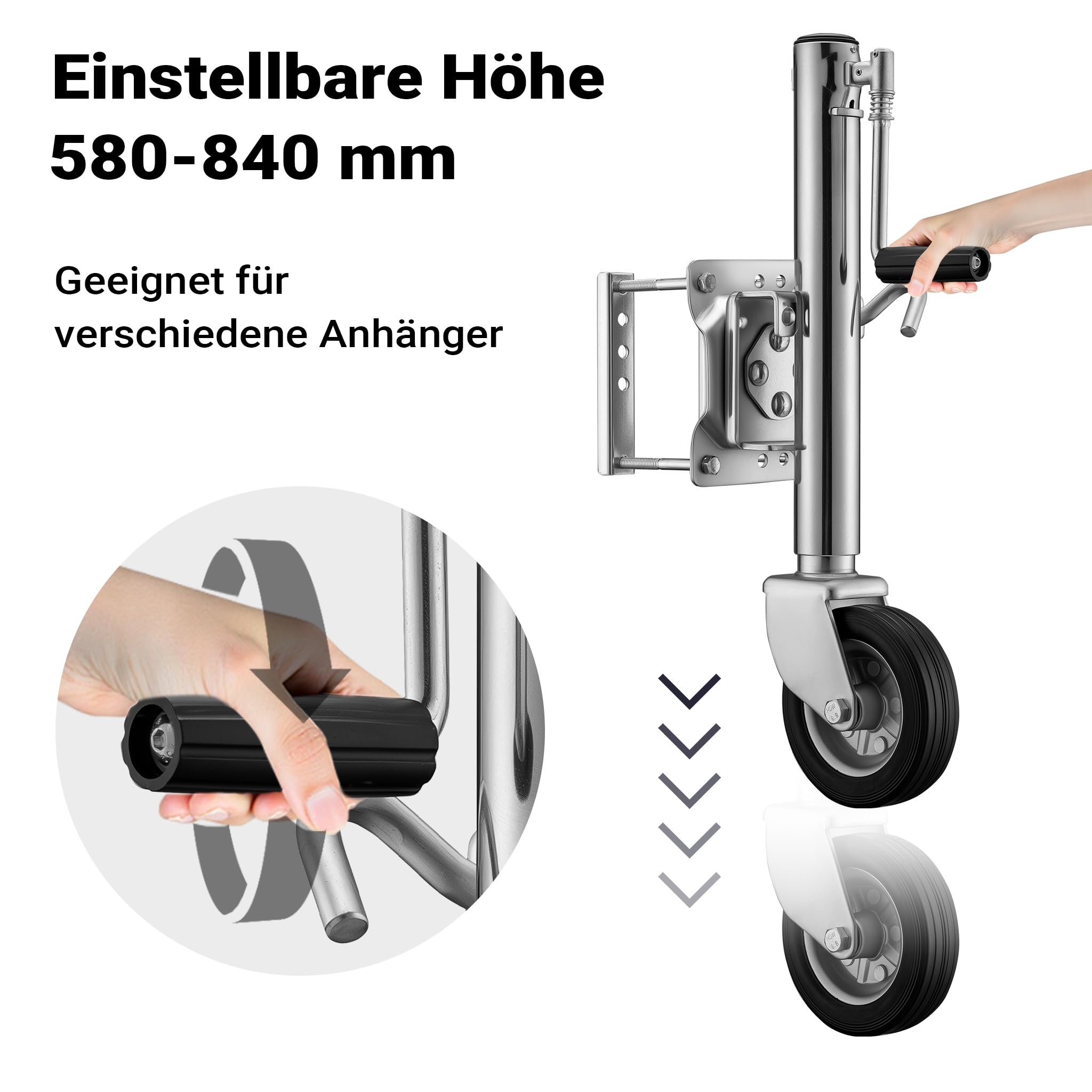 XPOtool Schwerlast Stützrad bis 540 kg, Anhängerstütze mit bis zu 260 mm Hubhöhe, Stützlast Bugrad mit Halterung für PKW und Anhänger mit Kurbel