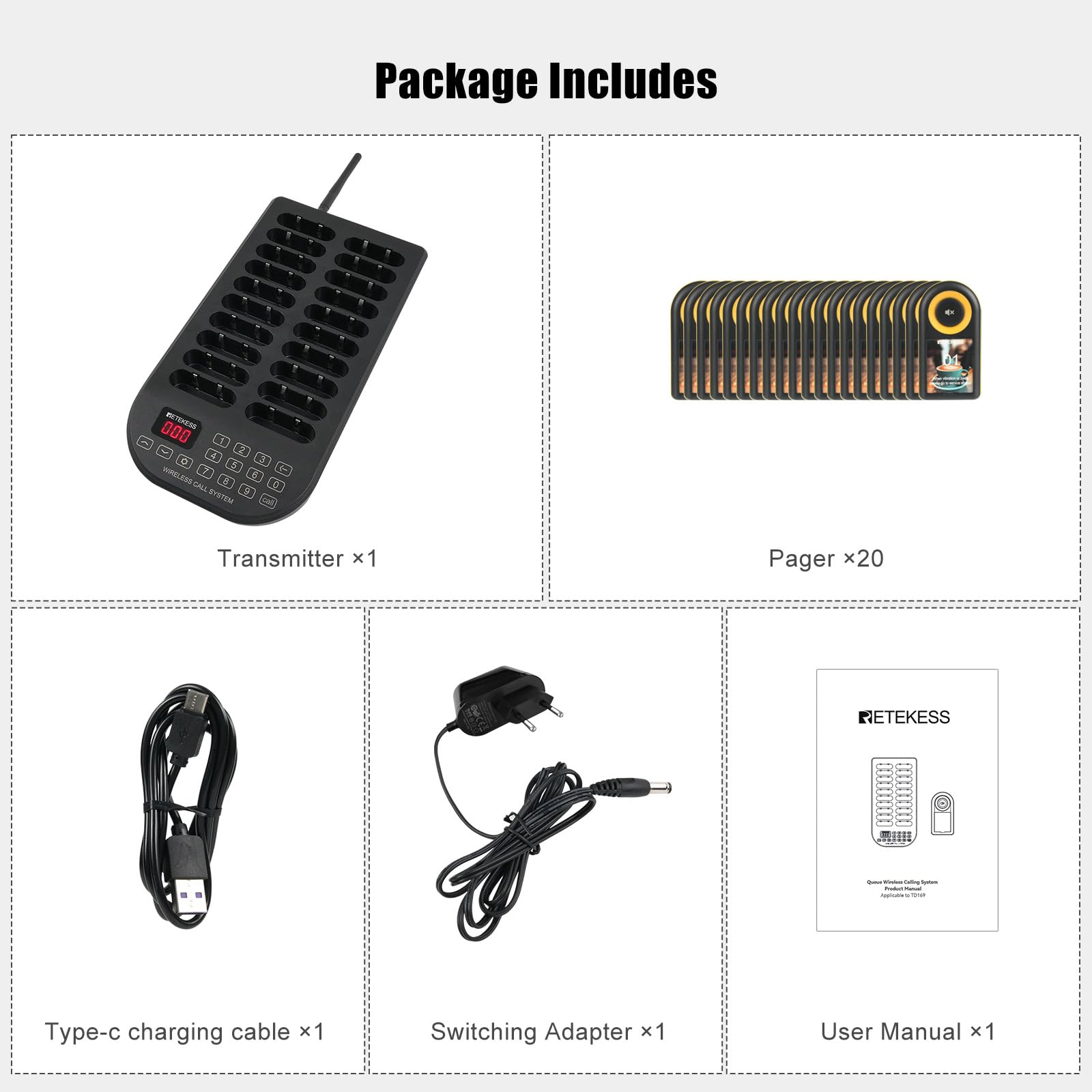 Retekess TD169 Buscapersonas Restaurante, 500M Avisadores Hosteleria, 20 Buscapersonas, 3 Niveles de Volumen, 7 Tonos de Llamada, con Vibración, 300mAh 24H, Avisadores Clientes para Café, Bare, Hotel