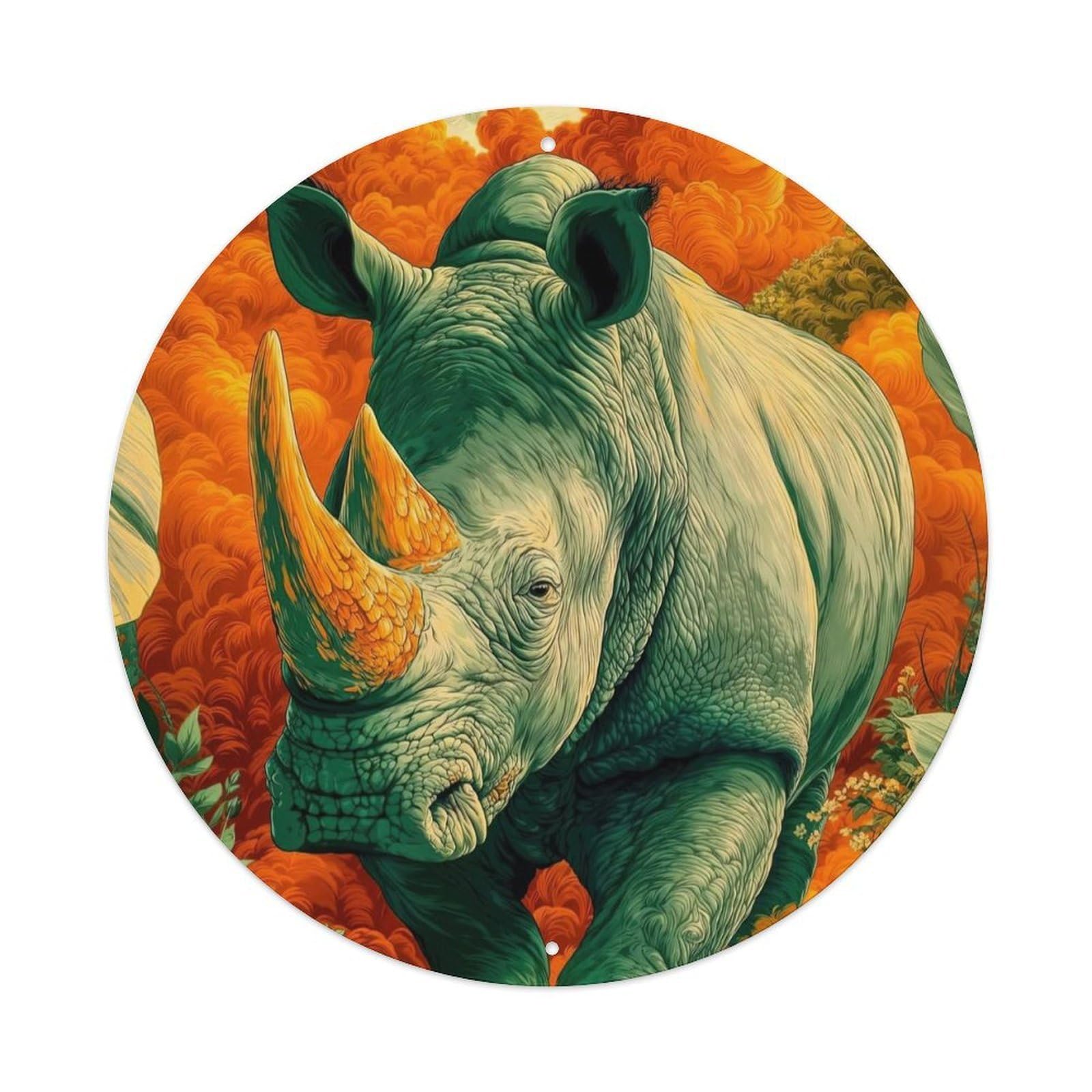 Animal Rhinoceros in Tropical Jungle with Floral Botanical Illustration Vintage Metal Tin Sign Plaque Wall Decor for Cafe, Club Bar, Office, Garden Metal Poster 8x8Inch