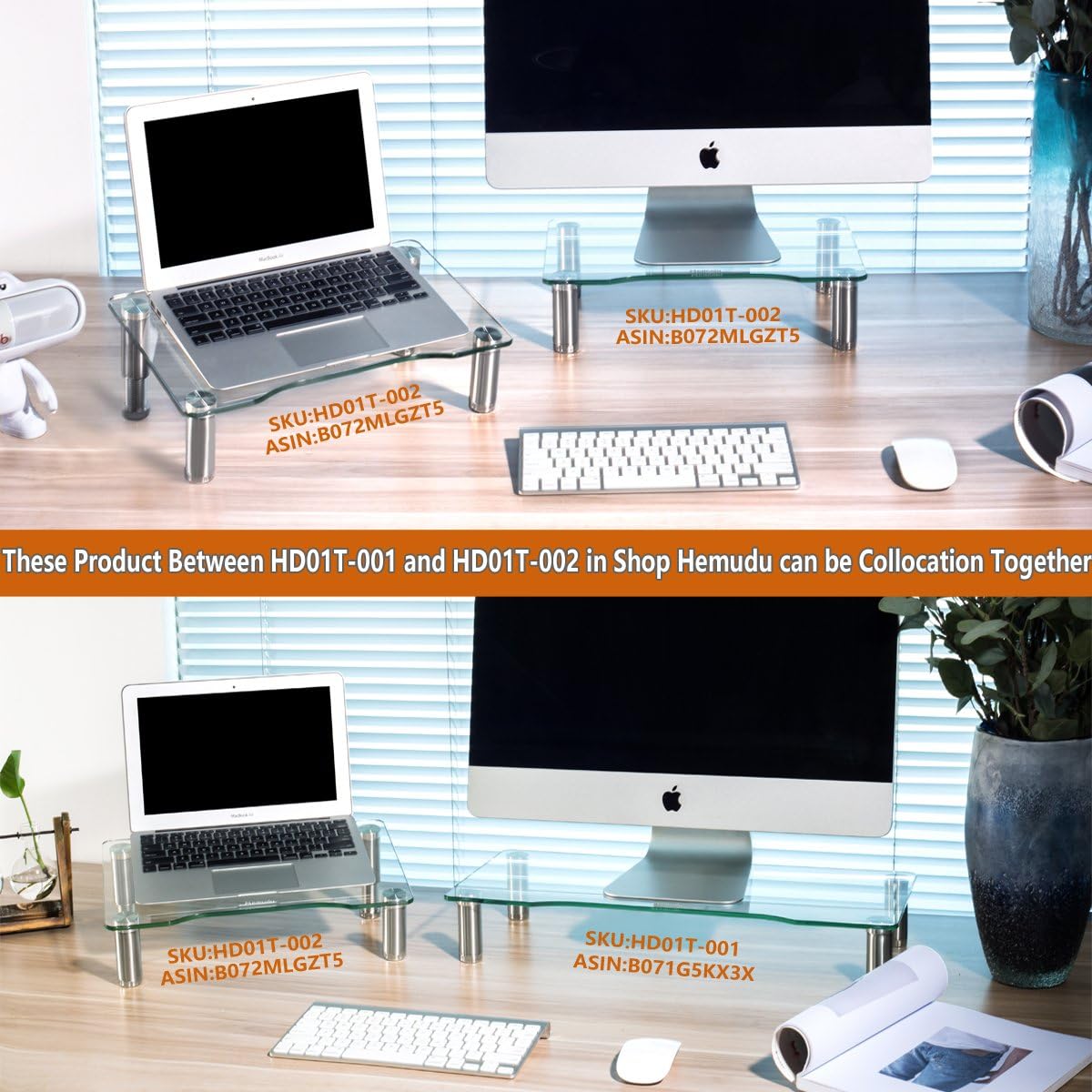 Clear Tempered Glass Computer Monitor Riser with Height Adjustable Multi Media Desktop Stand for Flat Screen LCD LED TV, Laptop/Notebook/Xbox One, HD01T-002 : Office Products