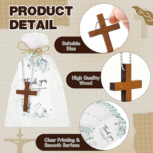 Miniatura 9 de Tradder Juego de 100 recuerdos funerarios con 100 llaveros de cruz de madera, tarjetas de agradecimiento funerarias, bolsas de organza para