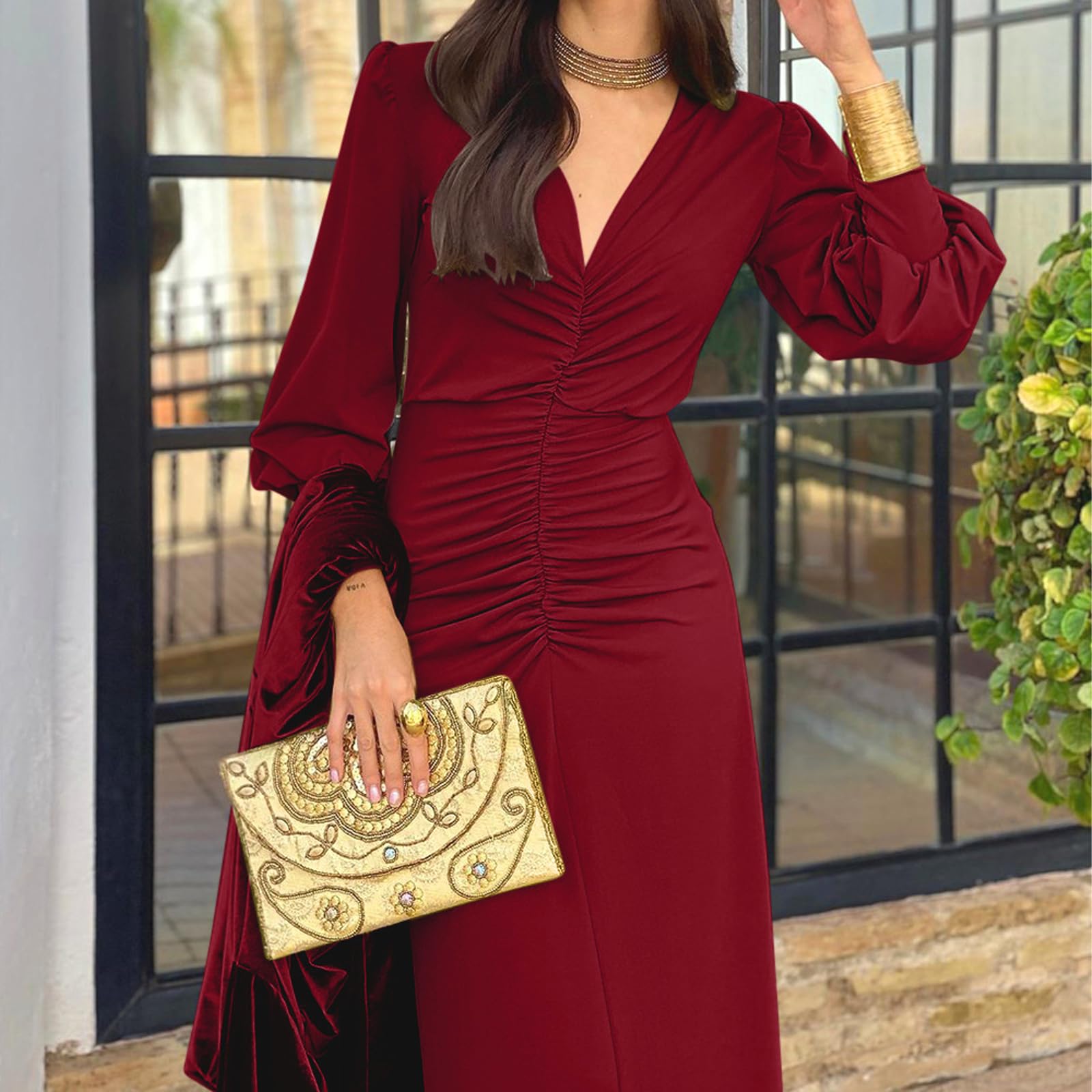 Vestido de Fiesta Largo para Mujer Vestido Maxi Manga Larga Cuello en V Elegant Vestidos Dama de Honor Ruched Wrap Vestidos de Noche Boda Slim Fit para Cóctel Fiesta Club Ceremonia
