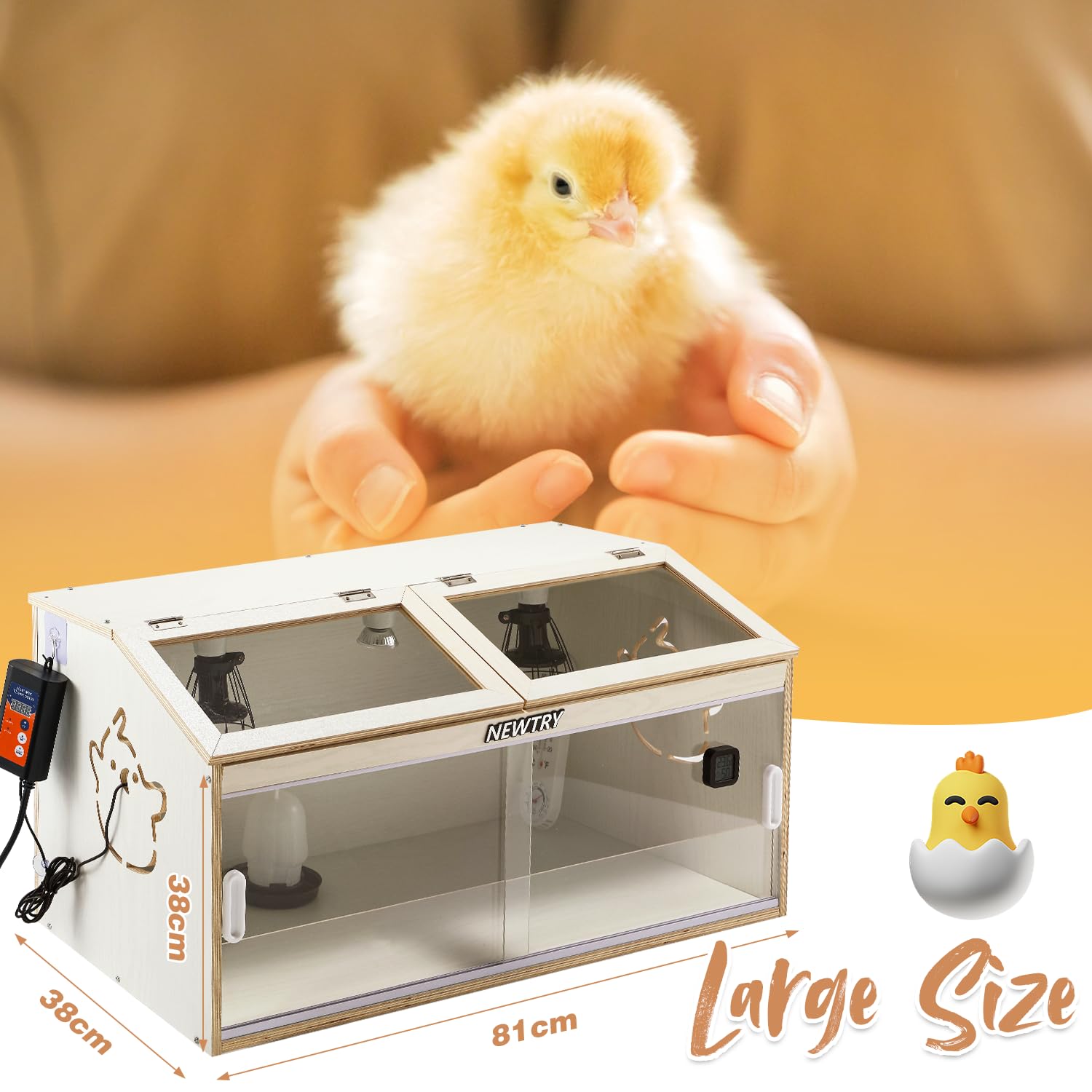 NEWTRY Scatola per polli con porta scorrevole capacità per 35 polli uccelli quaglie, Cassa per allevamento pollo con 3 lampade di riscaldamento, 1 regolatore di temperatura, 2 tipi di termometro