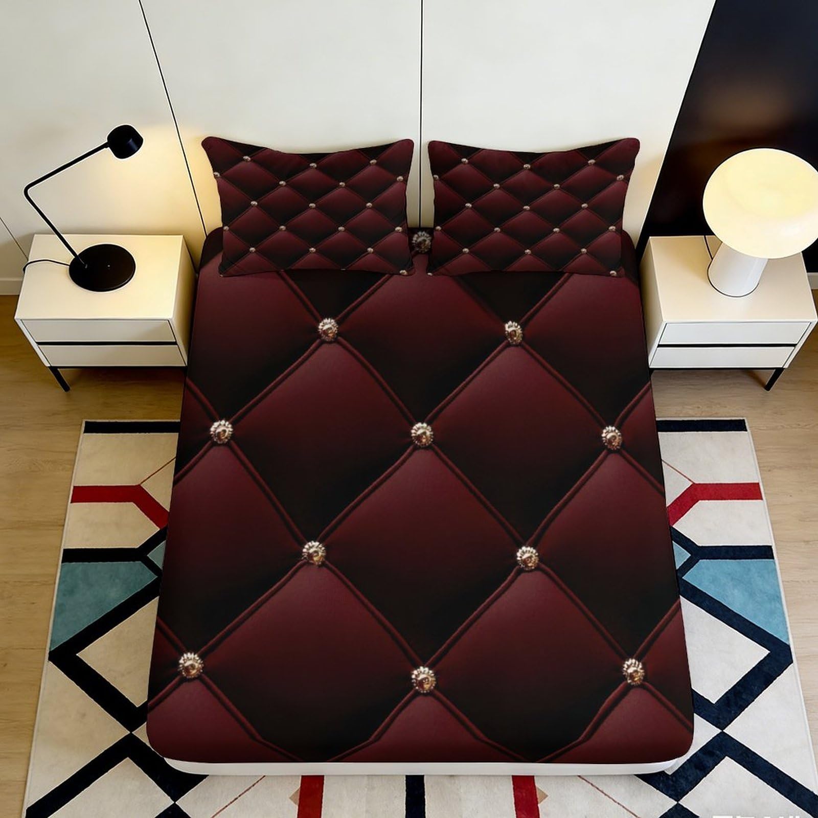 Pnayamiorkfel Style-9 3D Printed Diamond Luxe Fitted Sheet Microfiber Burgundy Black Mattress Cover For Bedroom Guest Room Decor 90X200x25cm