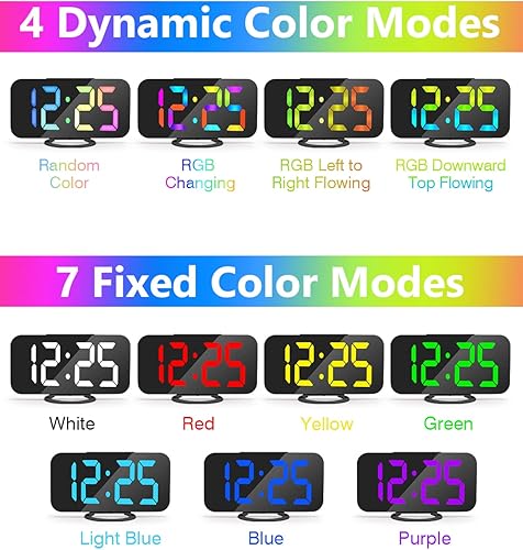 Miniatura 10 de Reloj despertador digital, relojes electrónicos con espejo LED de 7 pulgadas, con 2 puertos de carga USB, modo de suspensión, ajuste automático de