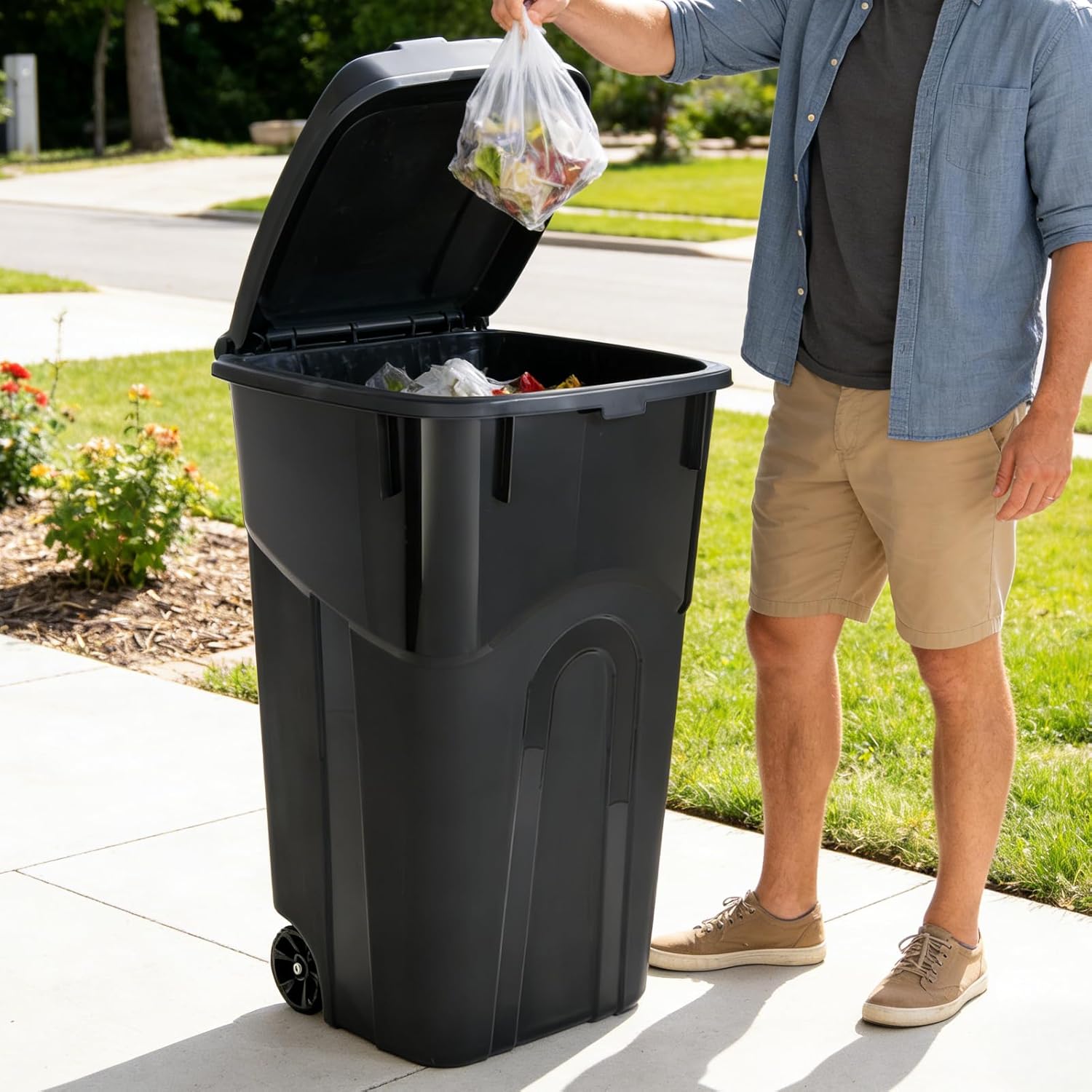 32 Gallon Outdoor Trash Can, Garbage Can with Wheels & Lid, Garbage Bin for Kitchens, Bedrooms, Garages, Gardens, and Outdoors