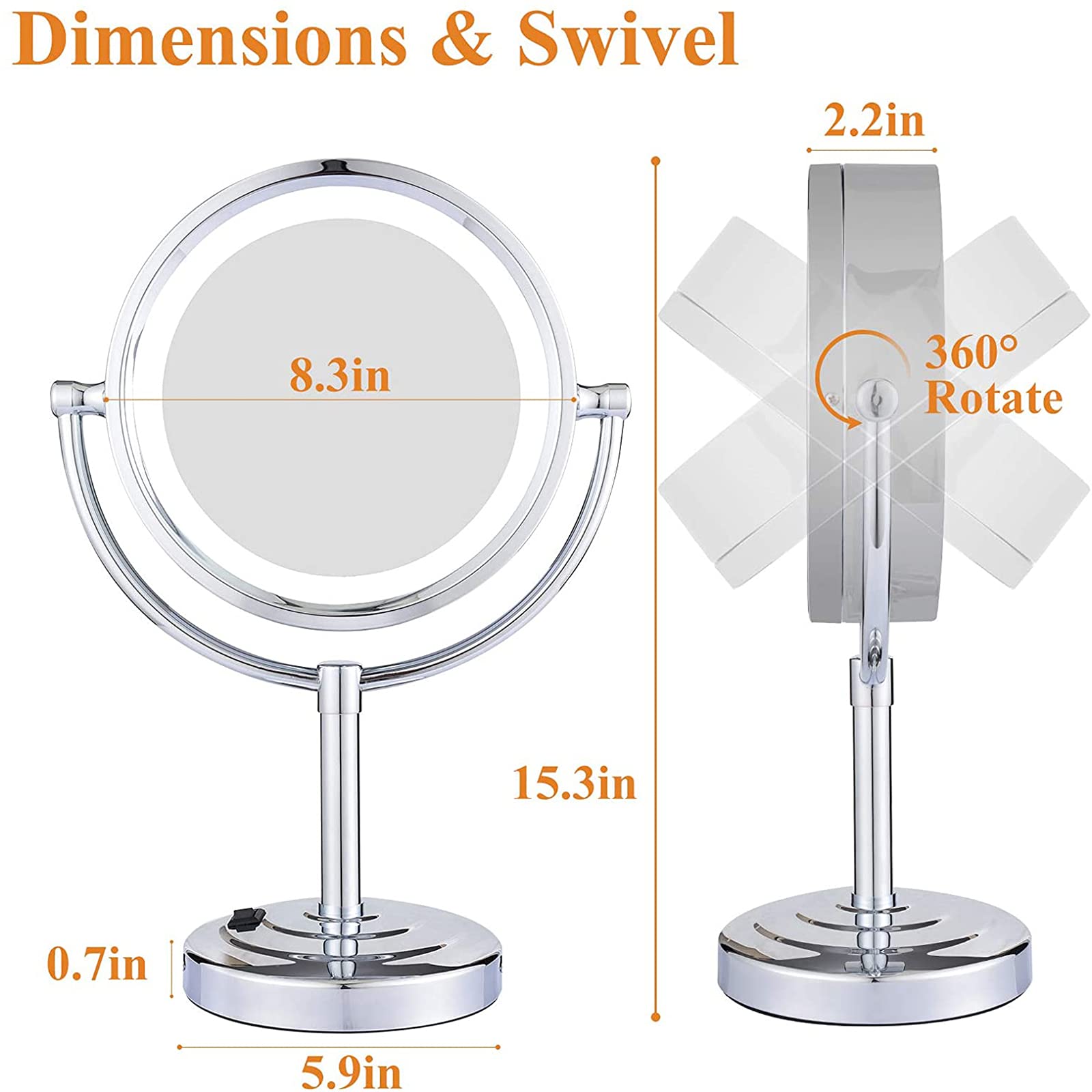 Stojące podświetlane lusterka do makijażu, 20 cm, chromowane, obrotowe, 360°, dwustronne lustro powiększające LED, do łazienki, 5 x