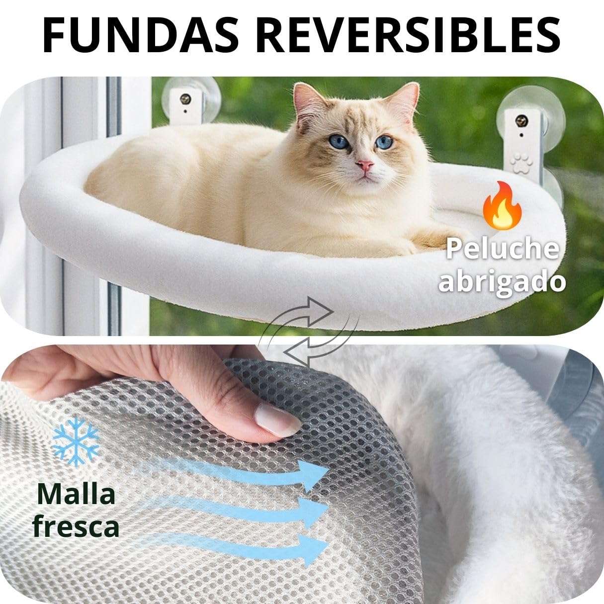 Hamac avec fenêtre pour chat avec coussin et housse pour chat + montage mural | Lit fenêtre pour chats jusqu'à 18 kg Réversible été hiver | Lit chat blanc