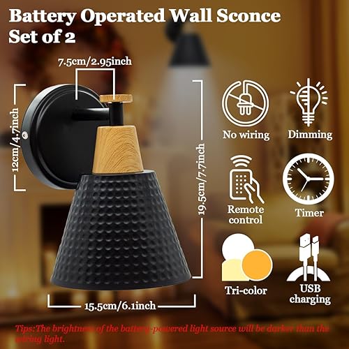 Miniatura 2 de LIKERTLA Juego de 2 apliques de pared a pilas, pantalla de metal martillado negro mate, lámpara de pared fácil de instalar, batería recargable por