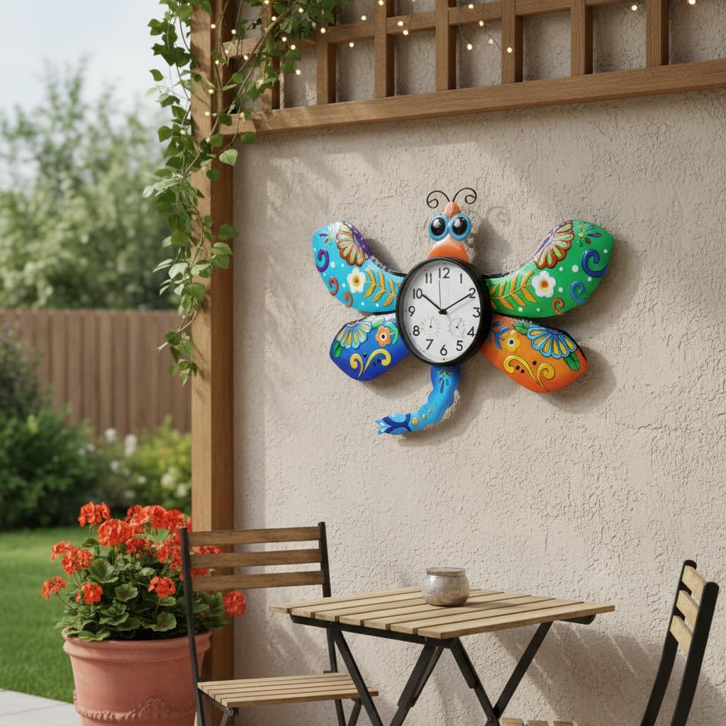 Large Outdoor Clock Silent Non-Ticking, Outdoor Wall Clock with Thermometer & Humidity Decorative Outdoor Clocks for Patio, Garden, Home Decor(Blue Dragonfly)