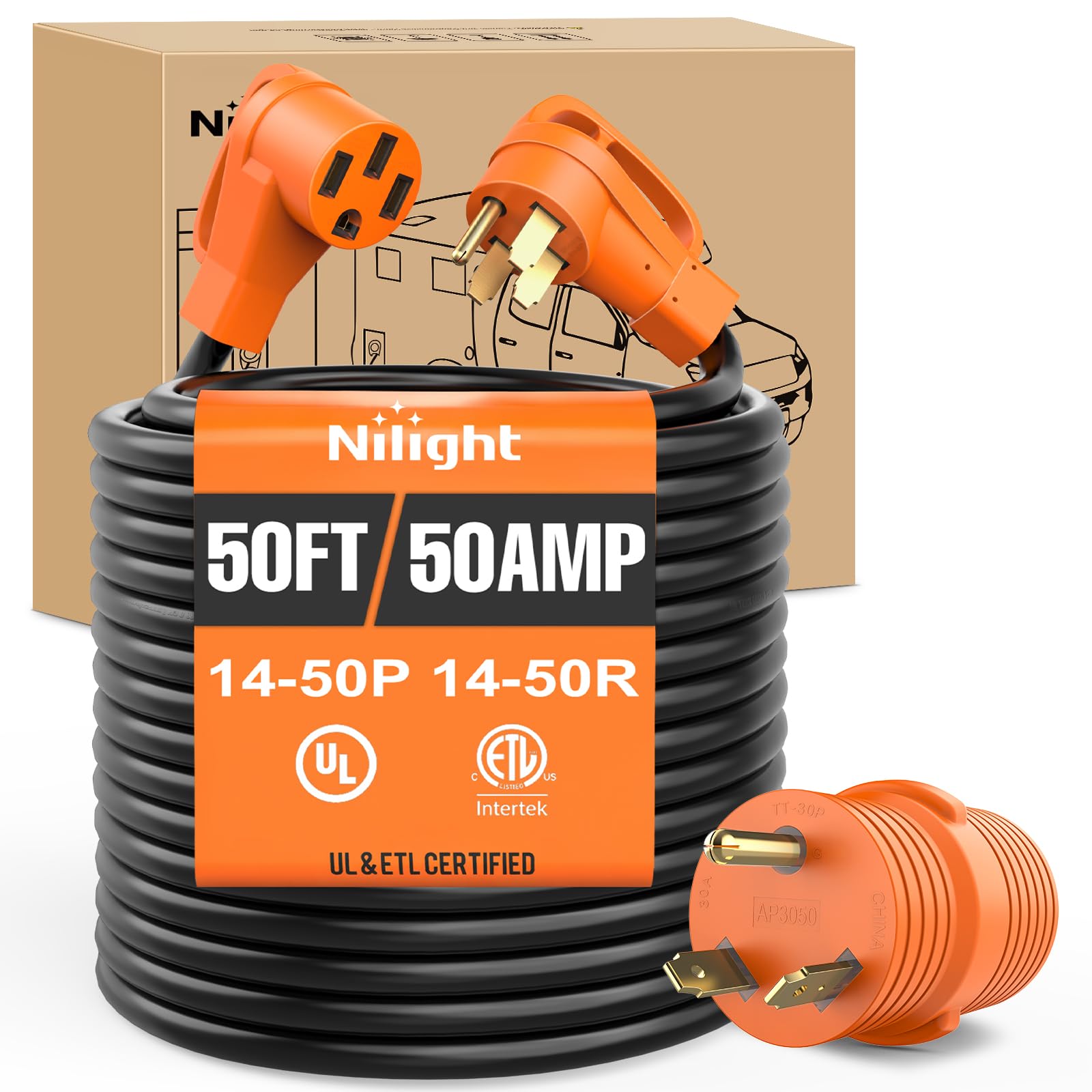 Nilight 50FT 50 Amp RV Extension Cord with Adapter 6/3+8/1 Gauge