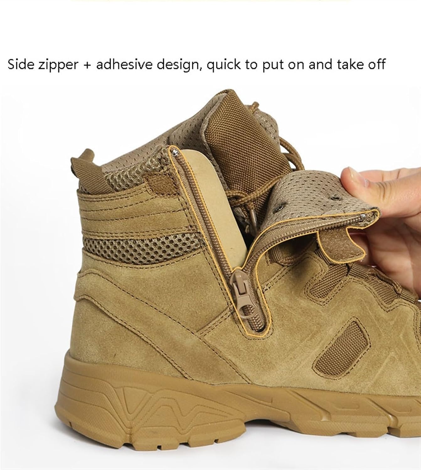 Wcxixo Men's Waterproof Tactical Boots, Mens Mid Top Side Zipper Lace Up Anti Collision Tactical Boots, Tactical Safety Breathable Desert Boots, for Tactical, Hiking, Motorcycle, Climbing