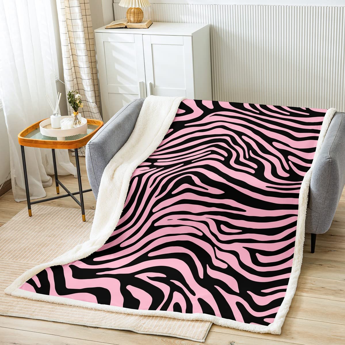 Couverture léopard en fourrure Sherpa haut de gamme rose et noir de 127x152cm