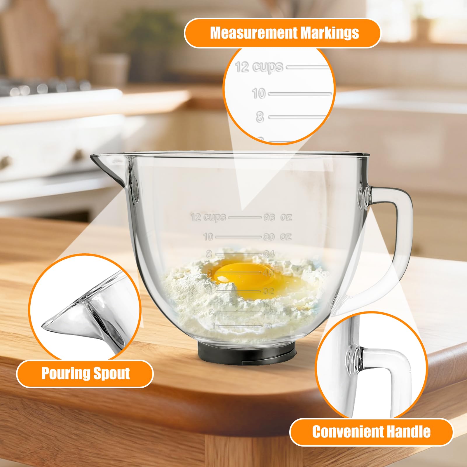 Boles de Batido de Cristal Compatibles con las Batidoras de pie Kitchen Aid de 4,5 Y 5 Cuartos, Permiten Colocarlos en el Microondas Y el Frigorífico