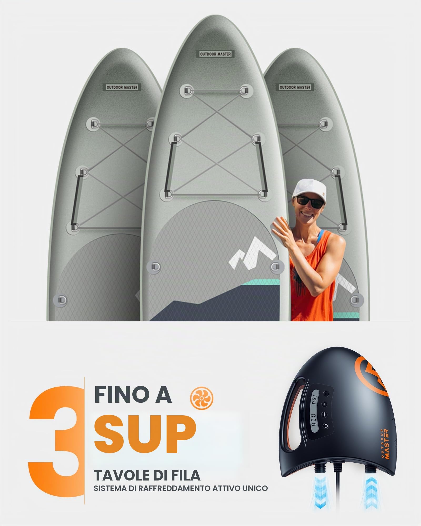 OutdoorMaster The Shark Pompa ad aria elettrica SUP ad alta pressione con 20 PSI 12 V DC Sistema di raffreddamento attivo intelligente a due stadi per gonfiare paddle board barche