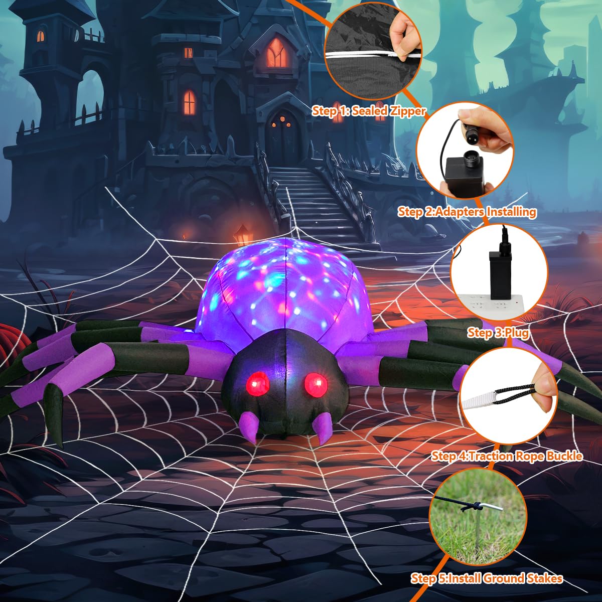 COMIN Nadmuchiwane materiały halloweenowe o szerokości 2,5 m, dekoracje zewnętrzne, pająk, wysadzane podwórko, dekoracja z wbudowaną diodą LED, na podwórko, ogród, imprezę, trawnik (fioletowy)
