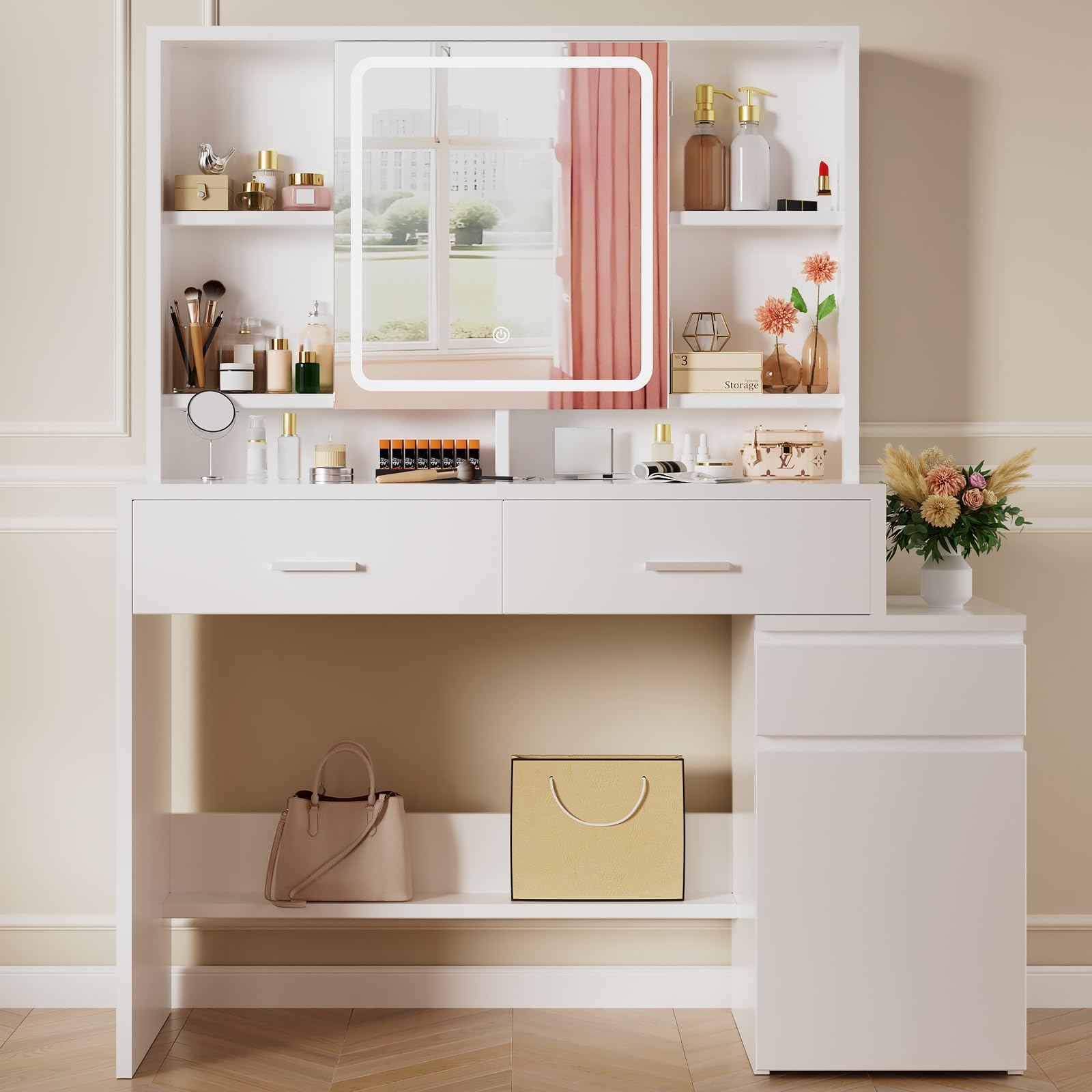Devoko Makeup Vanity with Mirror and LED Light, Adjustable Brightness, Dressing Table with Adjustable Shelves, 3 Drawers and Wardrobe, Modern Dressing Table for Bedroom, White, 117 x 40 x 140 cm
