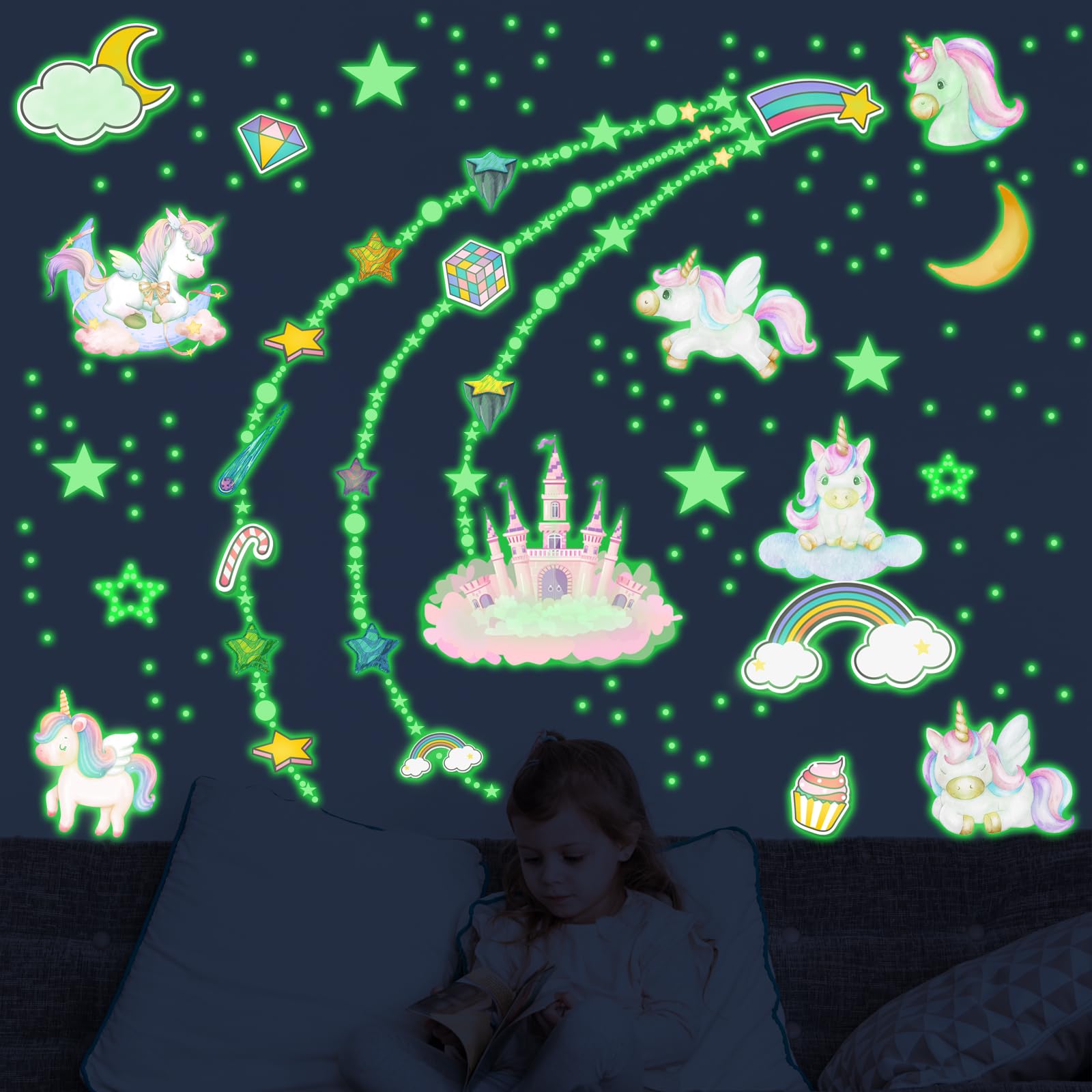 979 PCS Glow in The Dark Unicorn Wall Decals, Luminous Unicorn Wall Stickers for Ceiling Glowing Stars Castle Moon and Rainbow Stickers for Girl's