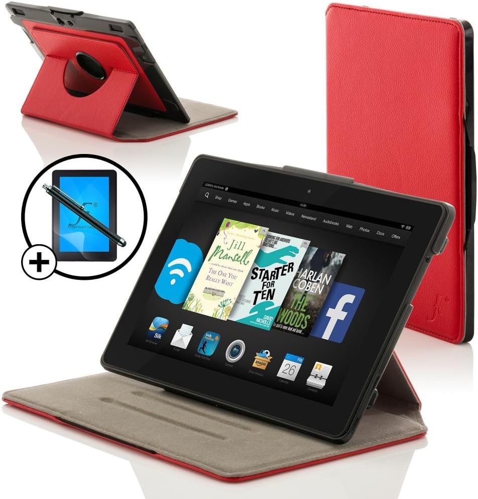 Forefront Cases Amazon Fire HD 7 (4th Generation - 2014 Model) Rotating Smart Case Cover Stand – Extra Padded Rugged with full device protection and Smart Auto Sleep Wake function + STYLUS & SCREEN PROTECTOR (RED)