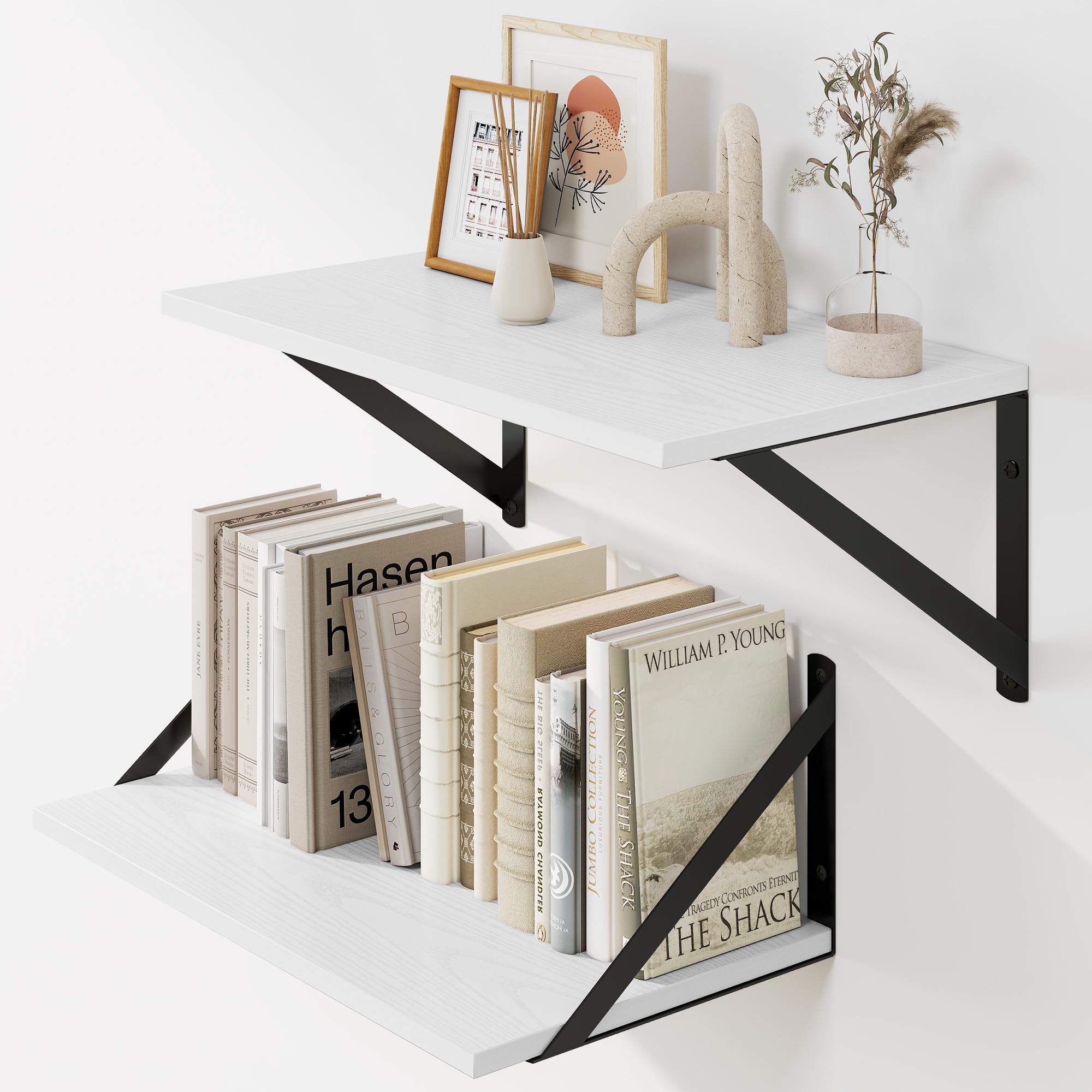 Heimlove Floating Shelves Set of 2, 40x20cm White Wall Mounted Shelves with Metal Brackets, Book Shelf for Living Room, Bedroom, Kitchen, Bathroom, Home Office & Book Storage โ image 1