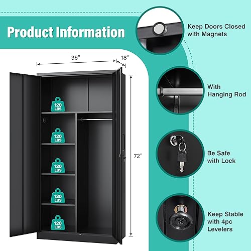 Miniatura 3 de Armario de Almacenamiento de Metal Ancho y Profundo con Barra Colgante, Armario de Almacenamiento de Escoba Negro con Cerradura, Armarios de Vestir
