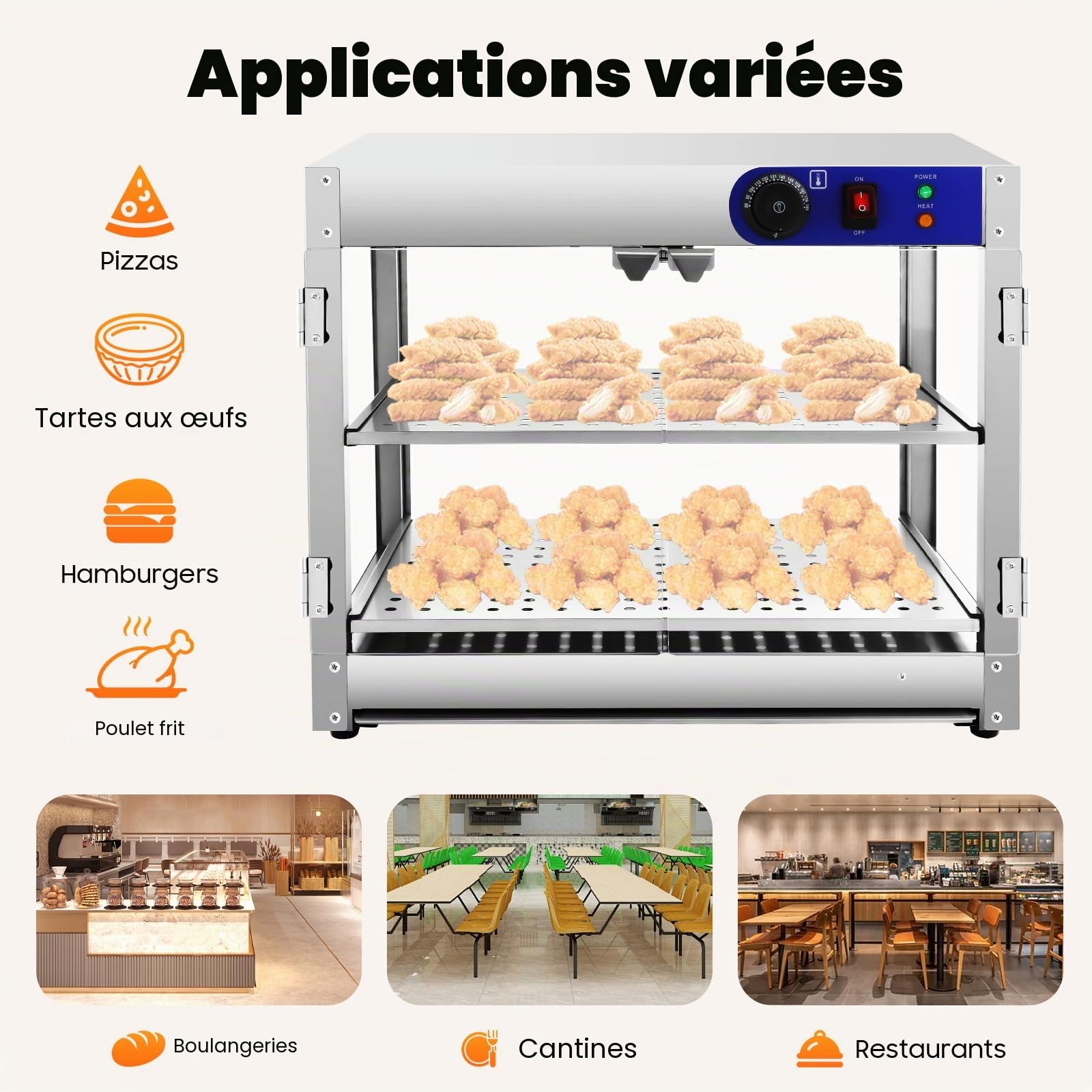 Armoire chauffante, chauffe-plats, 30 à 85 °C, comptoir chaud, 800 W, vitrine de maintien au chaud avec 2 bols en acier inoxydable et 1 pince à pain pour cantines, boulangeries, cafés, restaurants