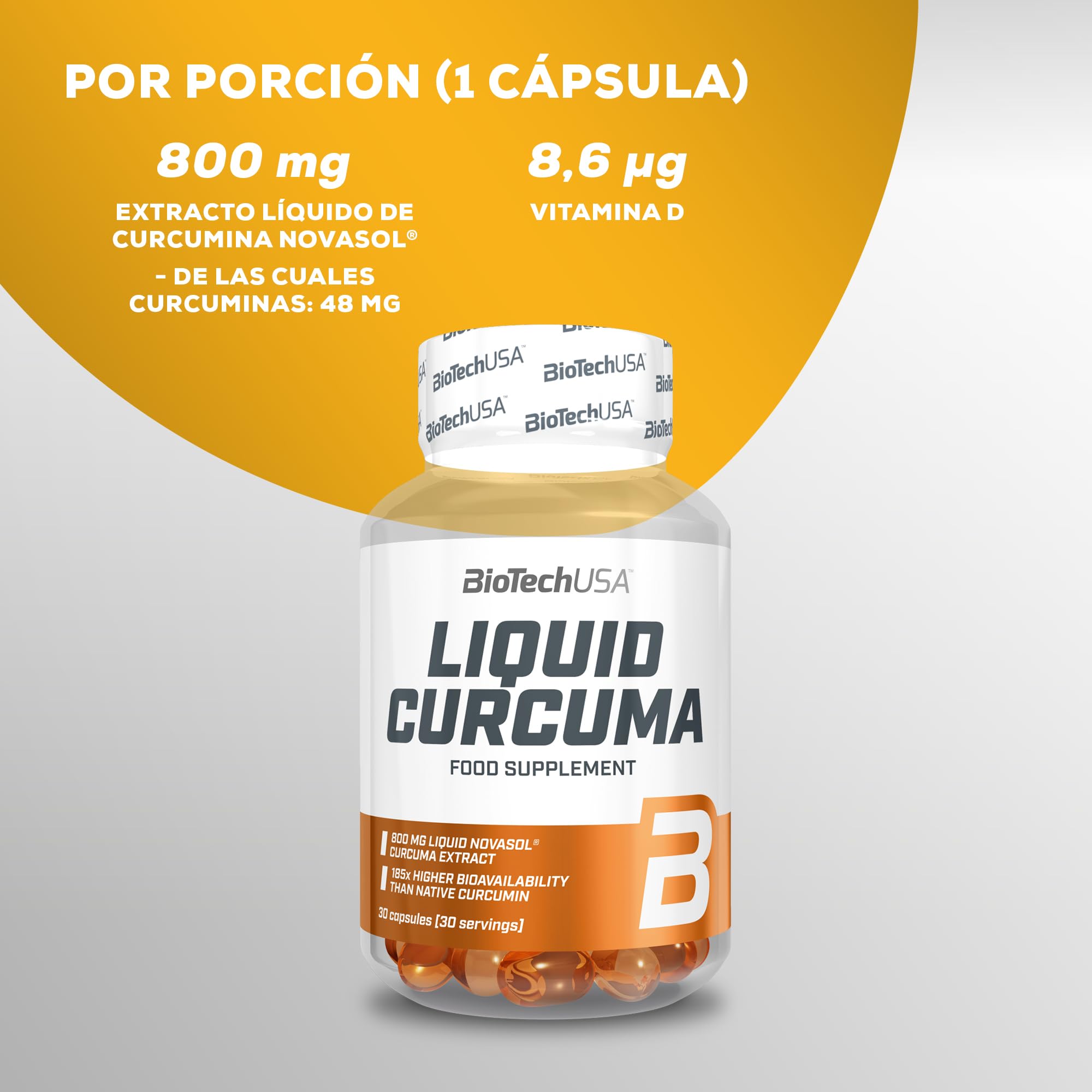 BioTechUSA Liquid Curcuma - Extracto líquido de curcumina de alta biodisponibilidad con vitamina D, 30 cápsulas