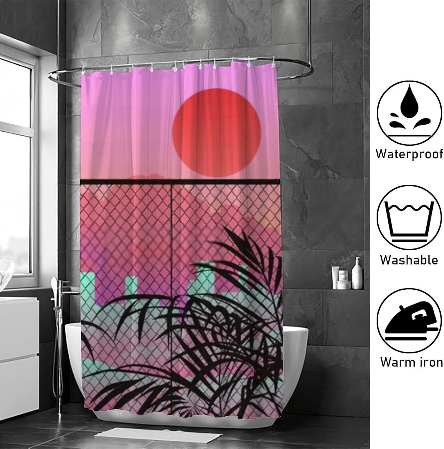 Kuizee Bathroom Shower Curtain 66 x 72 Inch with 12 Hooks Cloudy Sky Retro Synthwave Anime Style Bathtubs Polyester Waterproof Shower Curtains Set Fabric Decor Easy Install