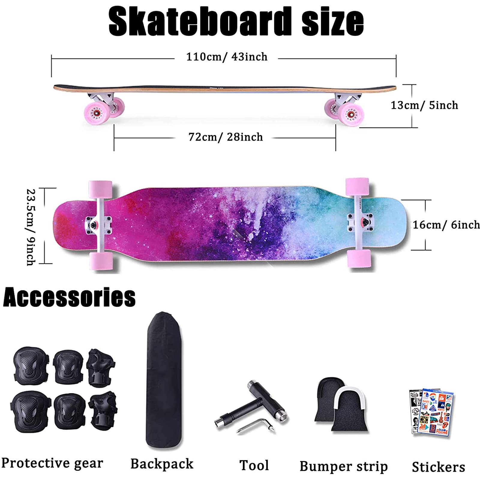 Skateboard Longboard 43" Cruiser Full Board avec Roues LED PU, Planche à Roulette Concave Double Kick en Érable à 7 Couches avec Équipement de Protection pour Enfants,Adolescents,Adultes