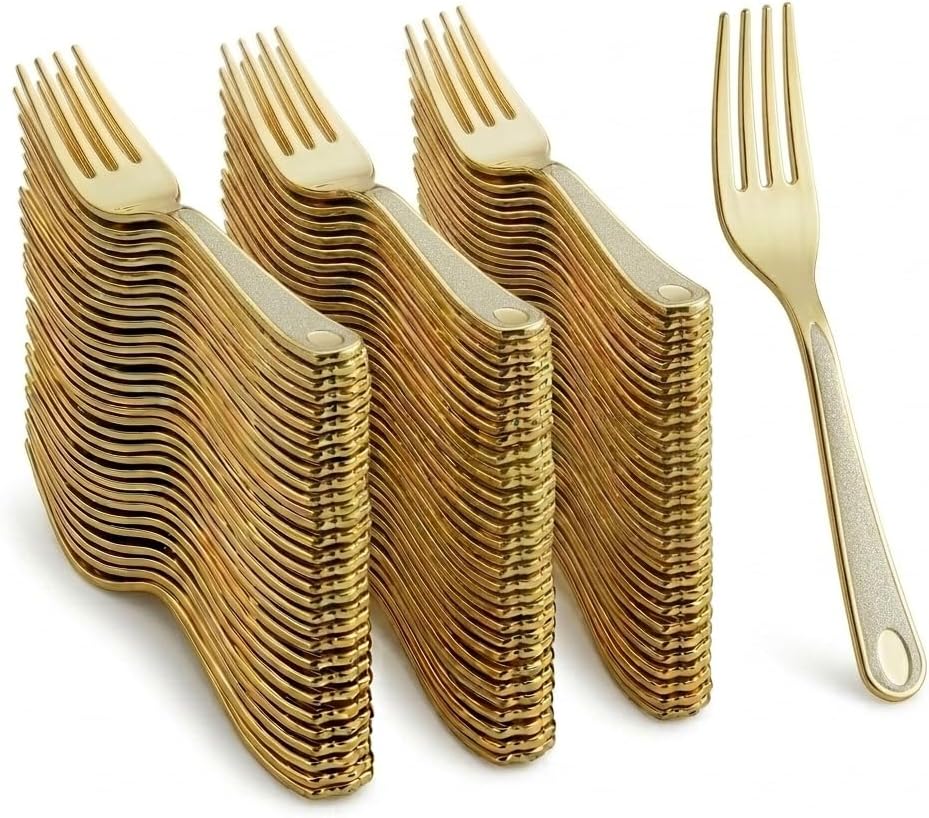 Heavy Weight Gold Plastic Forks, 7.25 Inch, Metallic Finish, Disposable Flatware for Weddings and Catering, 400 Count