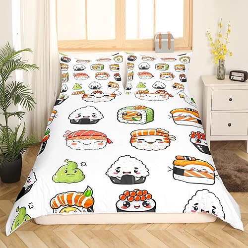 Feelyou Juego de ropa de cama con patrón de sushi, funda de edredón de estilo japonés para niños, niñas, adolescentes, funda de edredón con temática