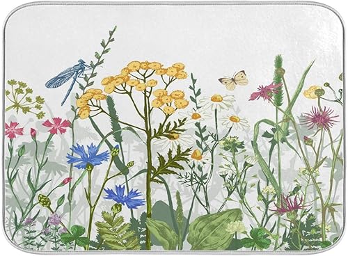 Tapete de secado de platos para encimera de cocina, flores silvestres vintage, hierbas coloridas, bragonfly botánica, mariposa, ultra absorbente,