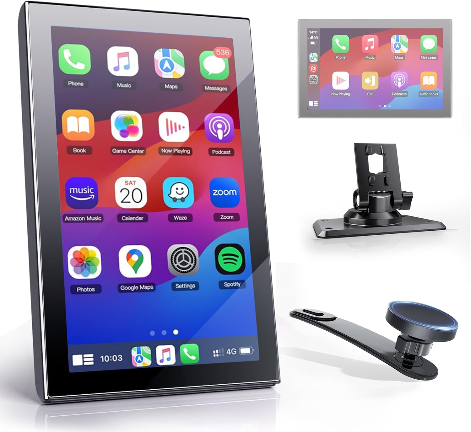 Wireless CarPlay Screen for Car with Magnetic Mount, Landscape & Portrait Screen Compatible with Apple CarPlay and Android Auto,Portable Car Stereo with GPS Navigation,OTA,Voice Assistant