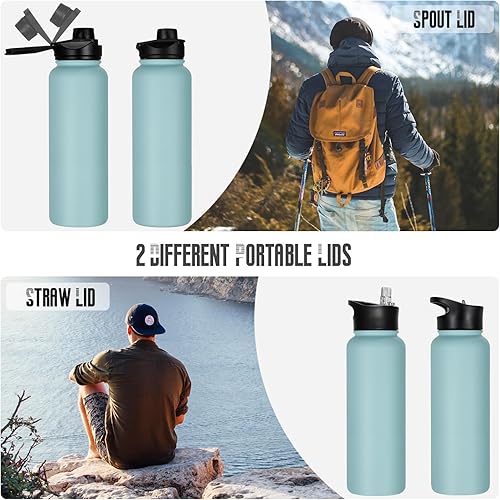 Miniatura 3 de Botella de agua aislada de 40 onzas con pajilla, botellas de agua deportivas de acero inoxidable con 2 tapas (pajilla y tapa de boca ancha),
