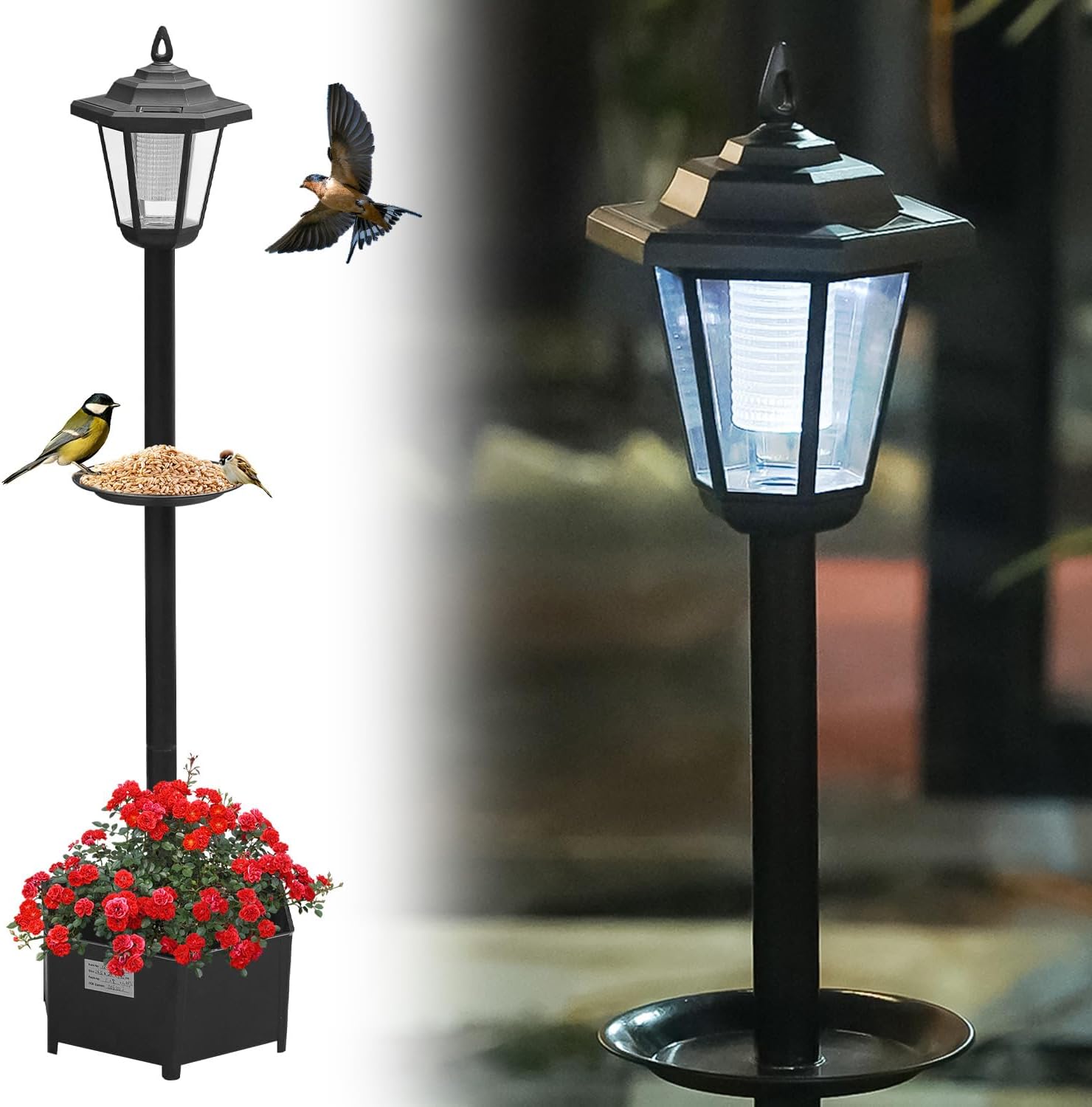 37.4" Solar Outdoor Floor Lamps with Planter & Bird Feeder (3-in-1 Design) - Solar Lanterns Outdoor Waterproof Ideal for Gardens, Yards, Pathways, Driveways and Patio Decor.