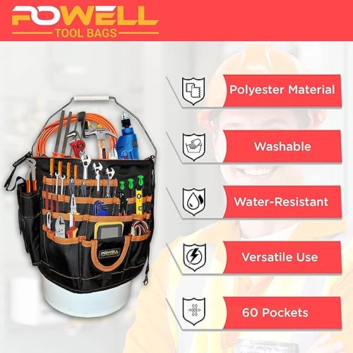 Miniatura 2 de Powell - Organizador de herramientas de cubo de 5 galones, organizador de herramientas ligero con 60 bolsillos, bolsa de herramientas para