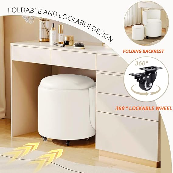 Round Storage Ottoman, Stool with Storage Foldable Footstool for Makeup Room, Living Room, Bedroom