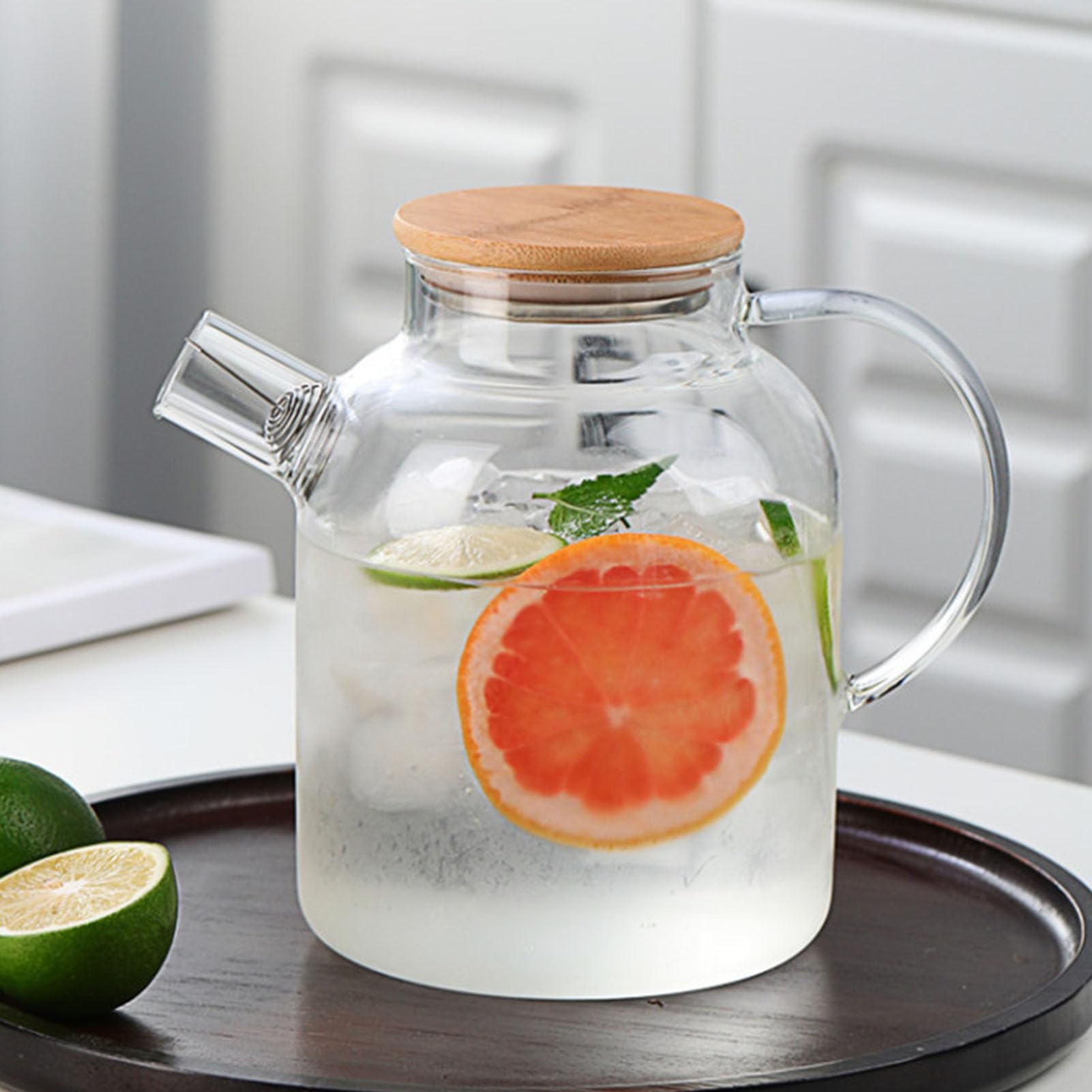 BEIJIALY Glass Water Pitcher with Wooden Lid, Borosilicate Glass Jug Water Pitcher 1800ml Glass Fridge Jug Beverage Serveware for Drinks Tea Coffee