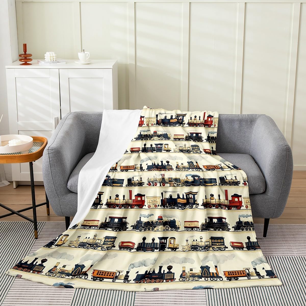 Feelyou Vintage Train Flannel Fleece Throw Blanket Twin 60"x80" Retro Steam Engine Fuzzy Blanket Kids Retro Steam Locomotive Train Plush Blanket Retro Vintage Vehicle Train All Season Bed Blanket
