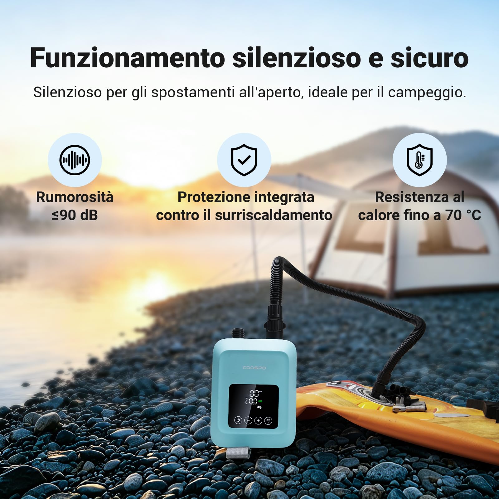 CooSpo Pompa elettrica verticale per SUP, gonfiaggio ad alta pressione a 20 psi, dotata di batteria ricaricabile da 59,2/44,4 Wh, silenziosa, adatta a kayak e altri articoli gonfiabili