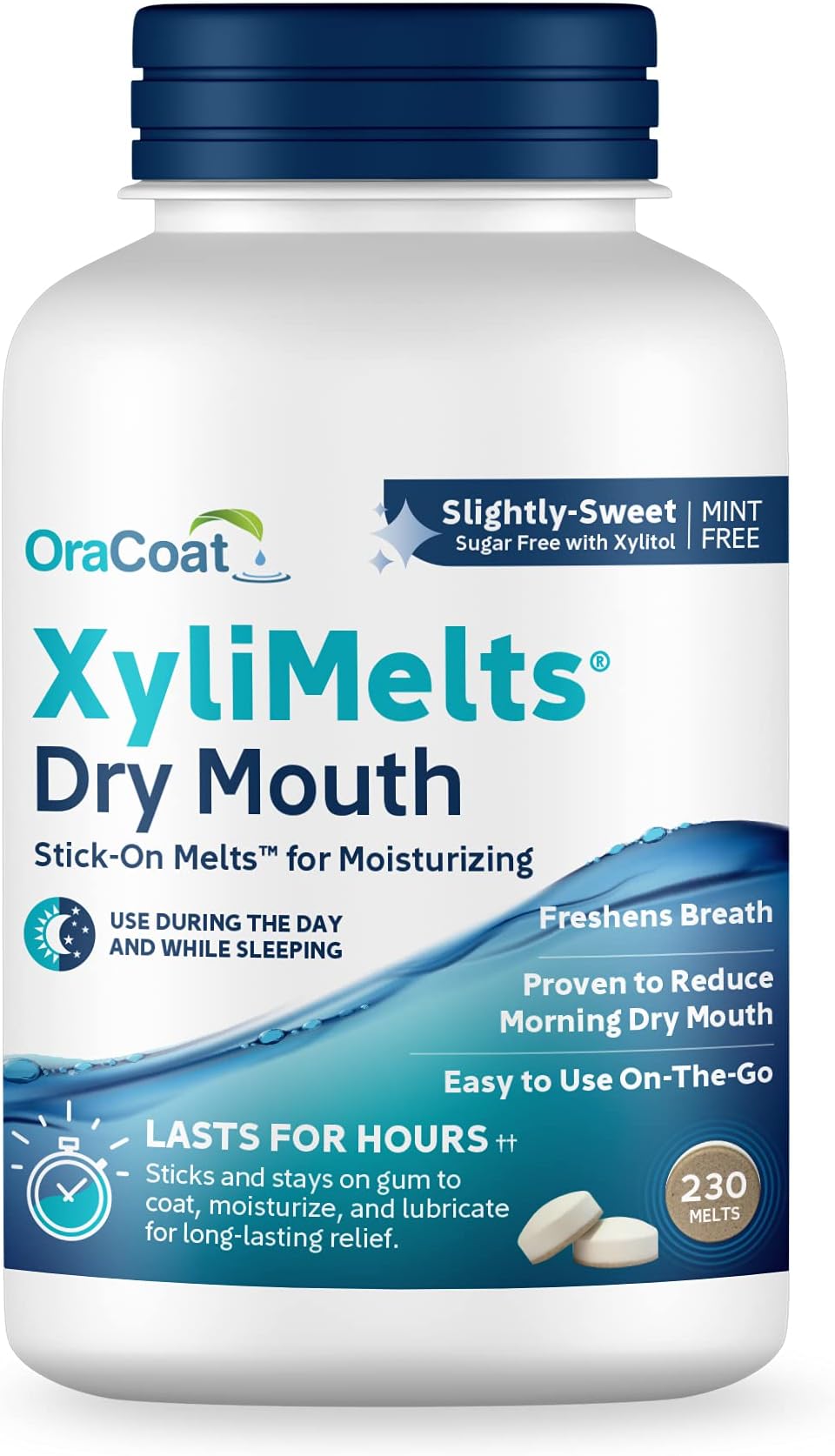 Oracoat XyliMelts Hydrating Dry Mouth Discs for Night or Day Sugar Free with Xylitol, Slightly Sweet Flavor, 8 Hour Relief, 230 Count